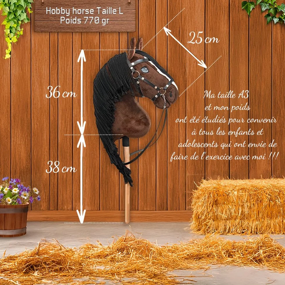 Hobby Horse Bai Brązowe Czarne Włosy. Kompletny kij koń z siatką, mors, sterem i floką. kij do hobby koni dla dzieci i młodzieży