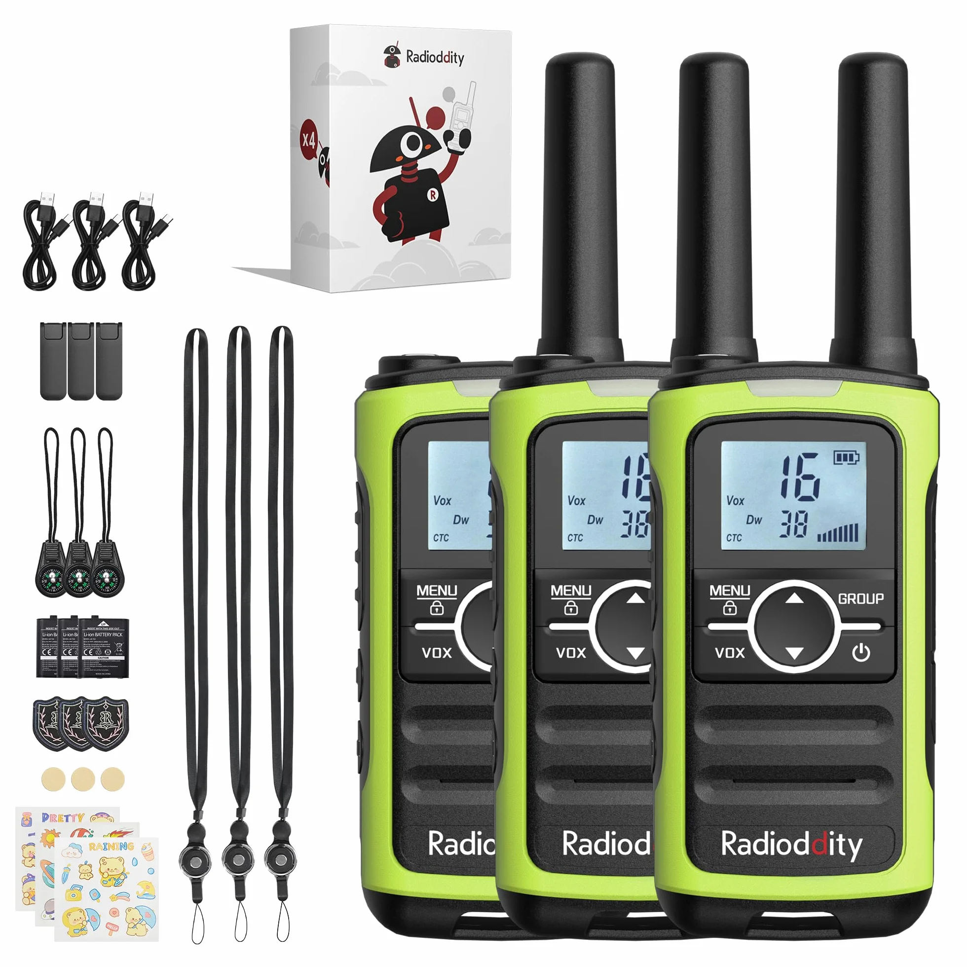 Radioddity PR-T8 Walkie Talkie dla dzieci, PMR446 Dwukierunkowe radio z możliwością ładowania, daleki zasięg, funkcja połączeń grupowych, VOX, latarka, bateria 2000 mAh, ładowanie USB-C, do wędrówek,
