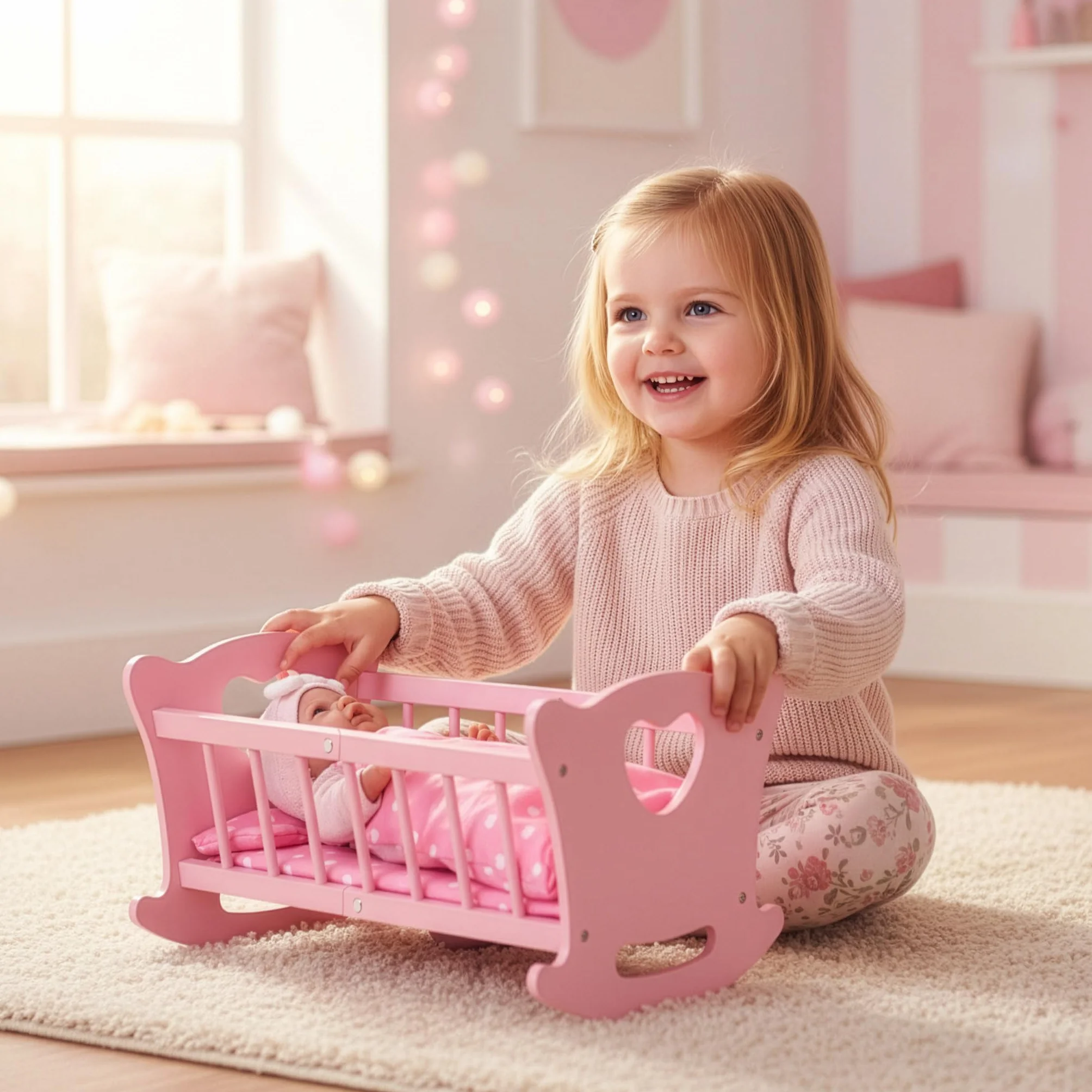 Kinderplay Łóżeczko dla Lalki, Kołyska dla lalki – Zestaw Kołyska plus Kołderka, Poduszeczka oraz Prześcieradło, dla laki o max. długości 49.5 cm., model GS2106 (GS2106)