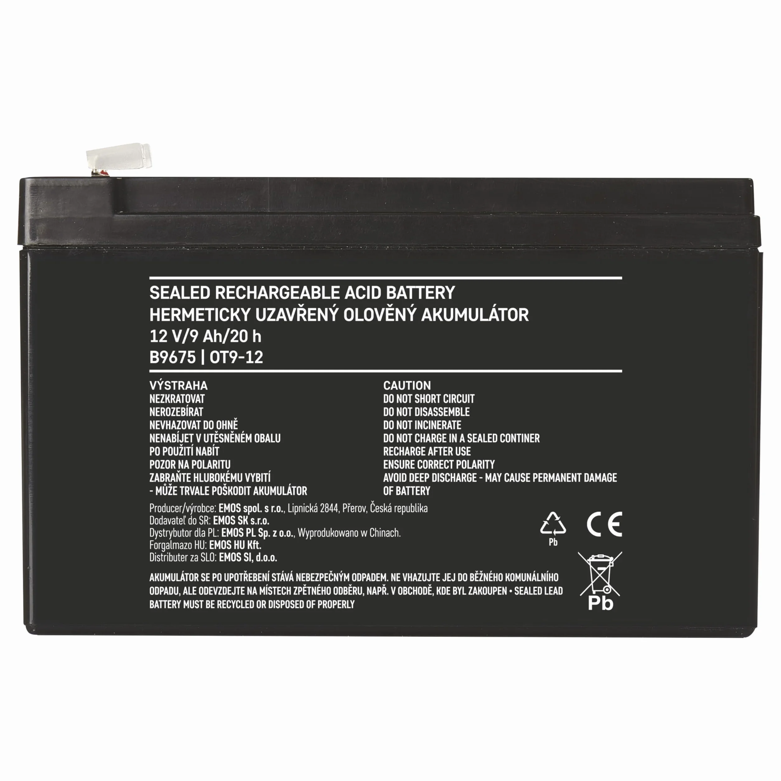 EMOS B9675 bezobsługowy akumulator ołowiowy/ołowiowy akumulator do pojazdów dziecięcych, urządzeń UPS 12V, 9 Ah, faston 6,3 mm, 12 V