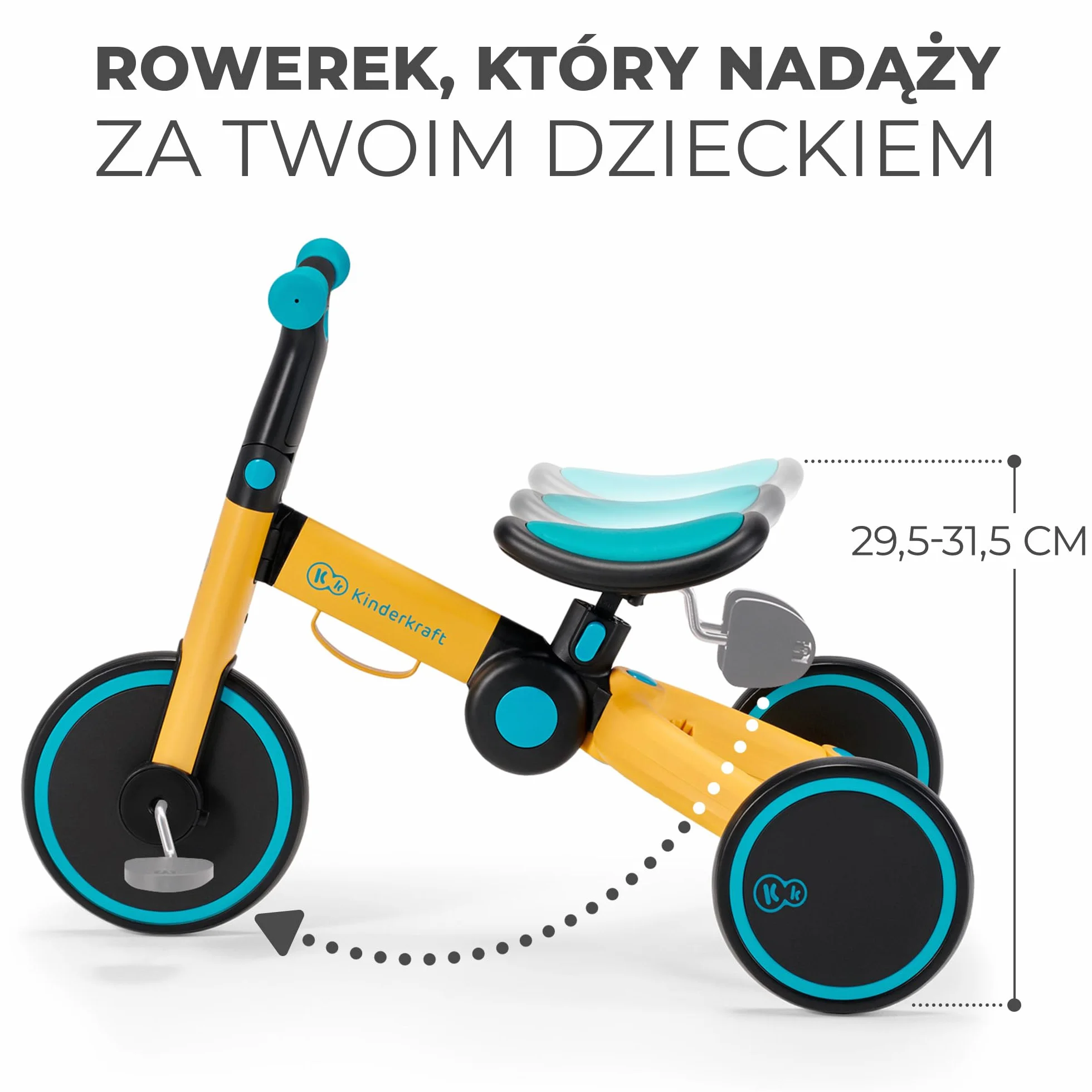 Kinderkraft Trójkołowiec 3w1 4TRIKE, Rowerek biegowy, Pchacz, Wielofunkcyjny, Bezpieczny, Regulowane siodełko, Żółty