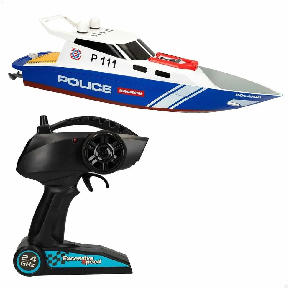 ColorBaby 47674 Racing Boat Boat Police Radiocontrol, 36x10x10 cm, Pilot zdalnego sterowania, 6 kierunków, 2,4 GHz, zasięg 35-40 m, łódź RC, zabawki dla dzieci, 4 lata