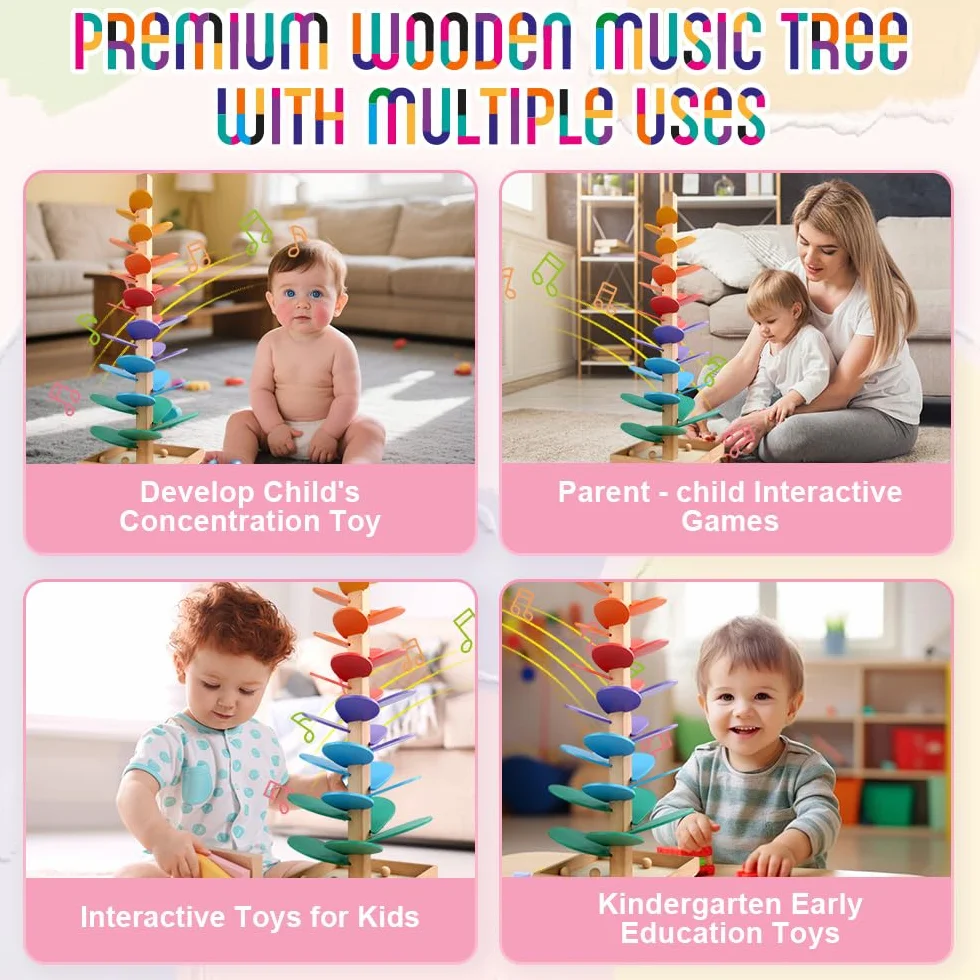 Drewniana wieża dźwiękowa, 72 cm, tęczowa kolejka dla kulek od 1 roku, duża kolejka kulkowa z 10 kulkami i 6 kolorowymi poziomami, Montessori tęczowa wieża drewniana