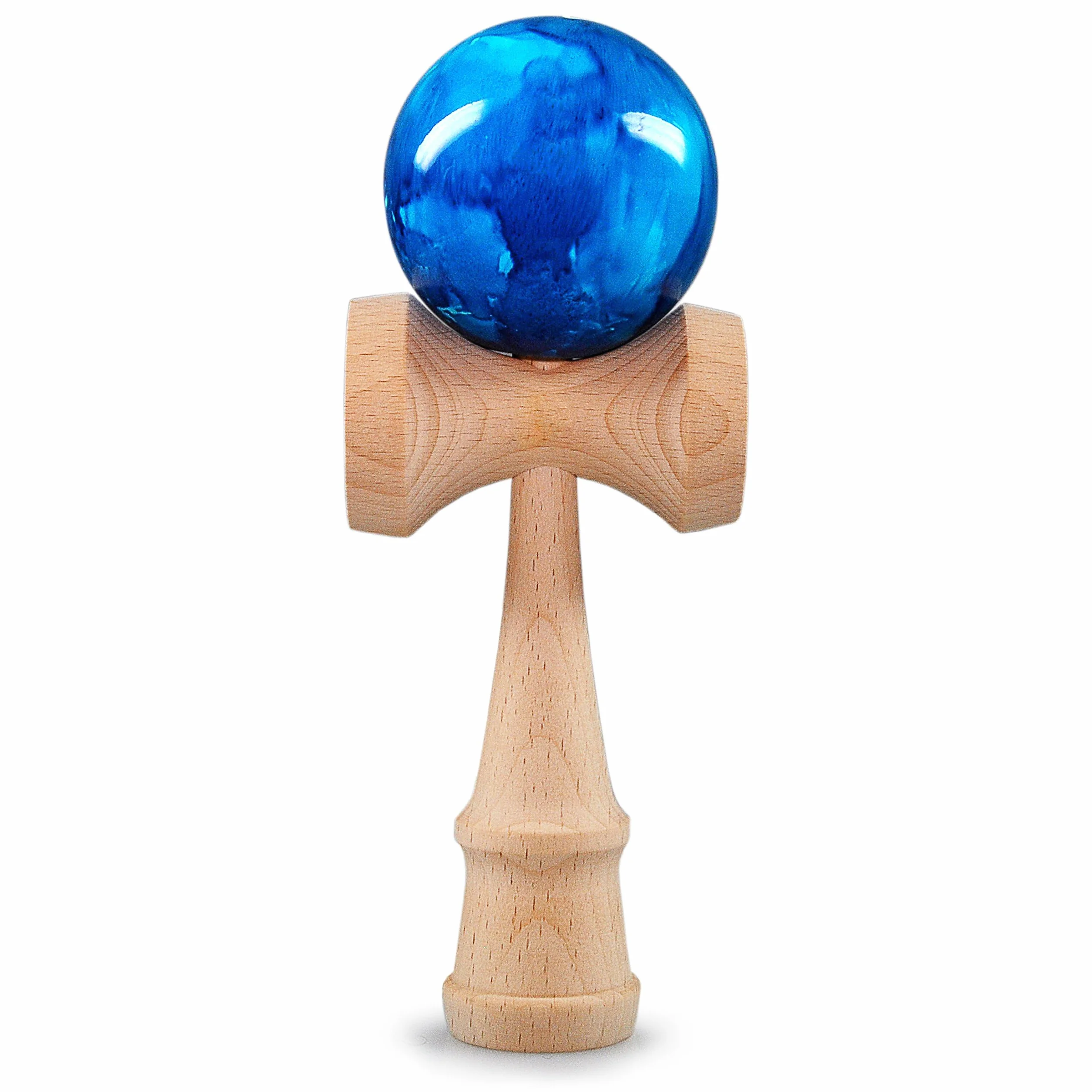 Ganzoo kendama z drewna bukowego, tradycyjna japońska zabawka do zręczności, niebieski, kulka 6 cm z otworem, linka nylonowa, 3 talerze chwytne w rękojeści, wysokość 16 cm, waga 144 g