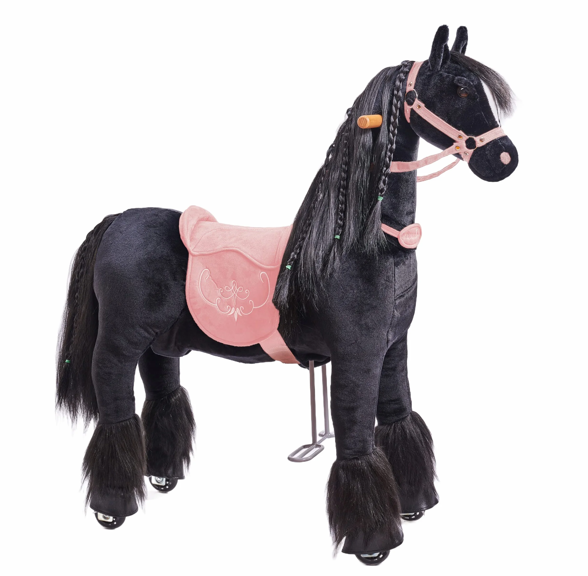 Ponnie - Ebony dziecięcy koń jeździecki, 5-12 lat, mechaniczny duży koń fryzyjski na kółkach, zdejmowane siodełko, Combable Mane, regulowane podnóżki