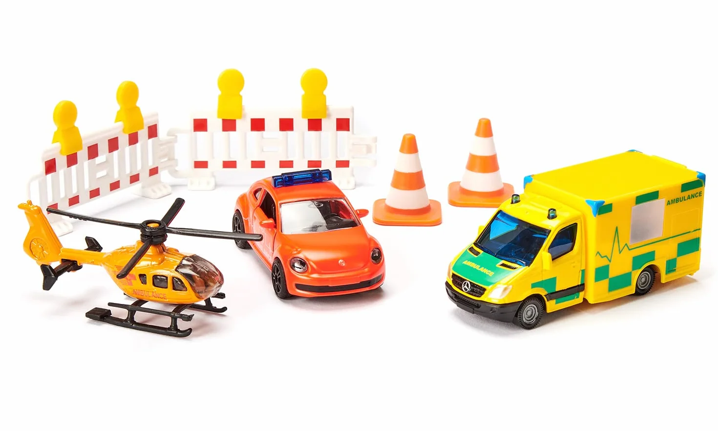 Siku 6332, Zestaw Pogotowie ratunkowe, VW Beetle, Karetka Mercedes, Helikopter, Zestaw zabawek, plastik/metal, wielokolorowy, zawiera 2 słupki i 2 pylony