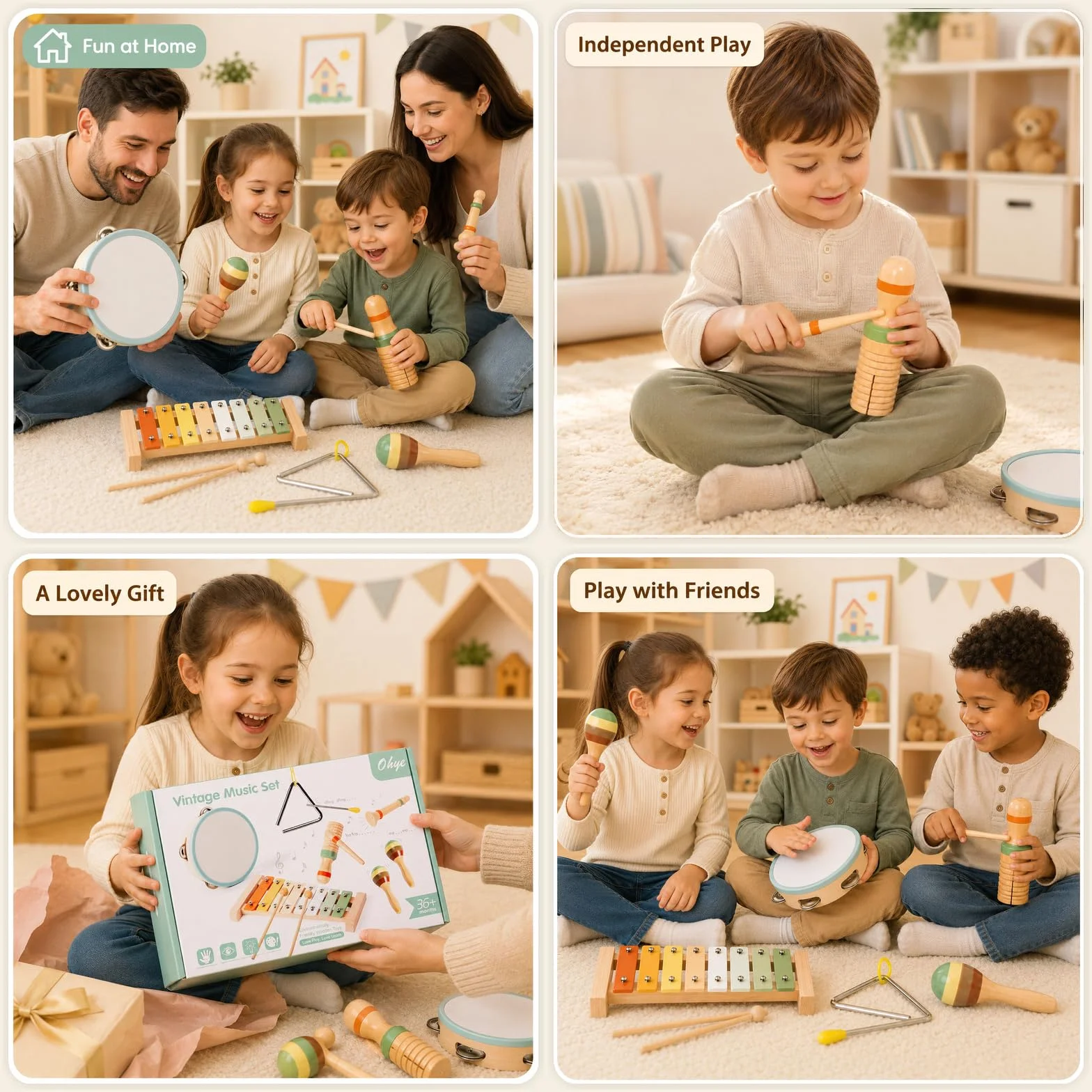 Instrumenty muzyczne dla dzieci od 3 lat – drewniany zestaw instrumentów Montessori 12 elementów, ksylofon, tamburyn, marakasy, trójkąt, zabawki rytmiczne dla dzieci