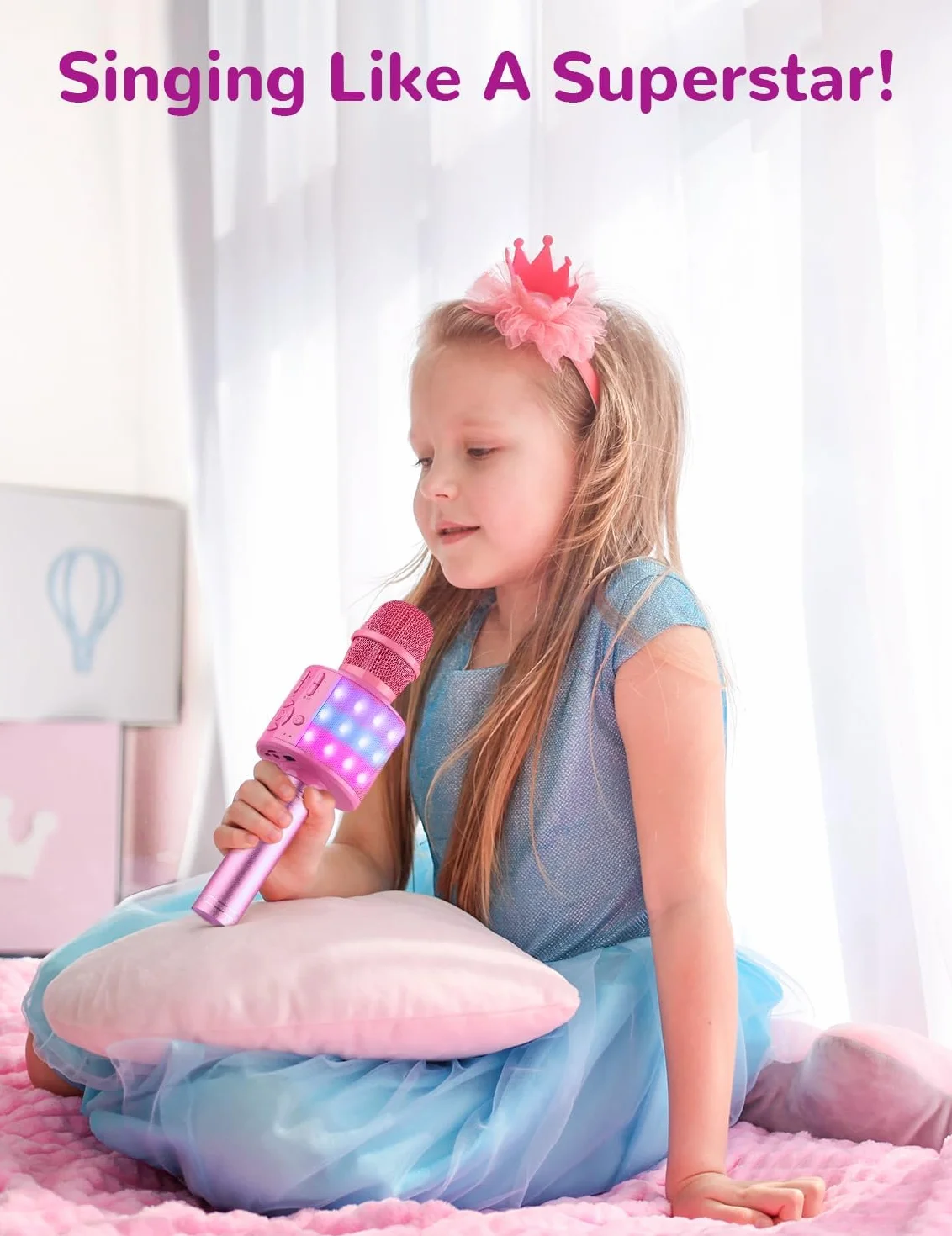 Ankuka bezprzewodowy mikrofon do karaoke, bluetooth, maszyna do karaoke, Home KTV Player, prezent dla dzieci, do systemu Android / iOS, z funkcją nagrywania, tańczące światła, magiczne dźwięki, różowy