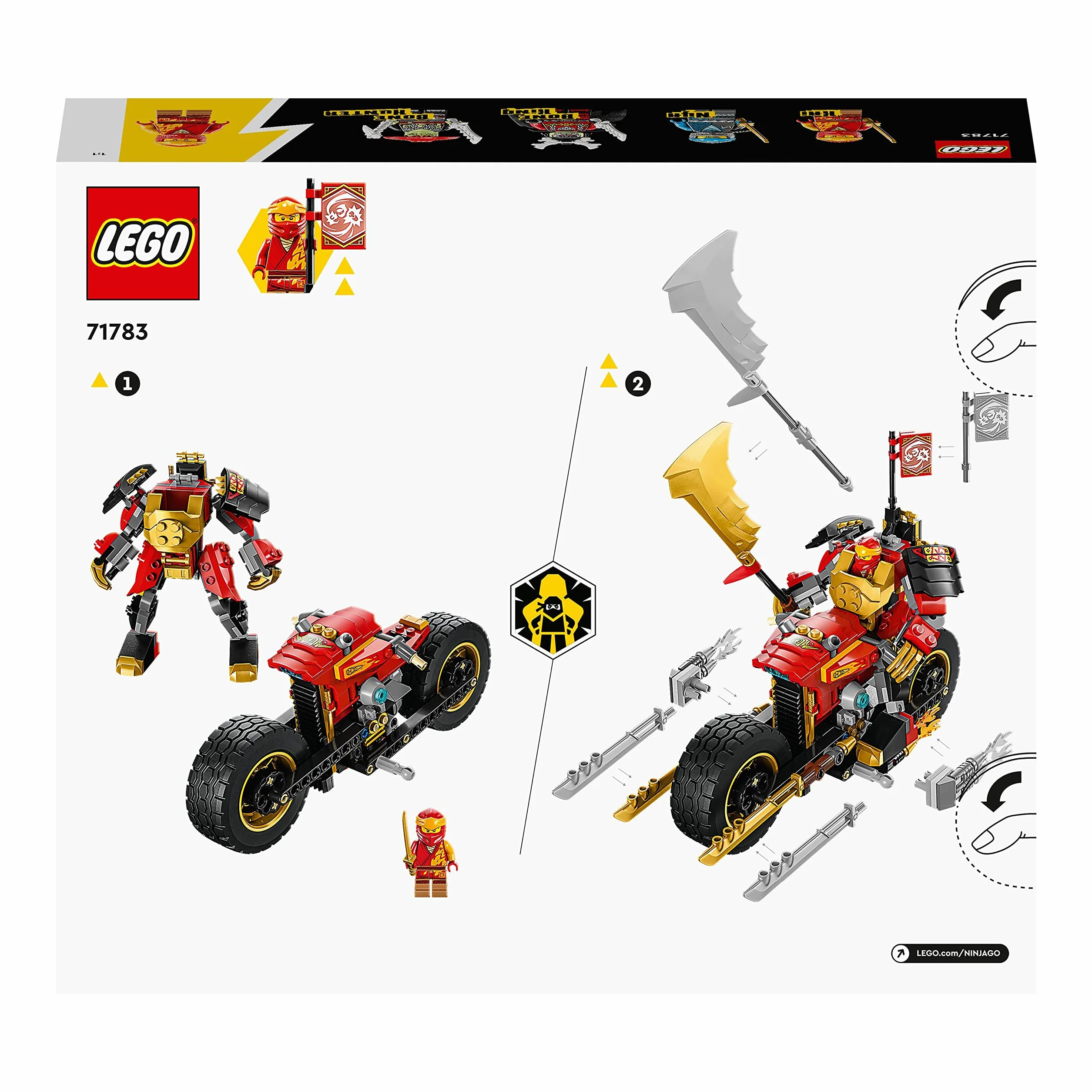 LEGO 71783 NINJAGO Jeździec-Mech Kaia EVO, Motocykl Ninja do Ulepszania, Figurka Mecha i 4 Minifigurki, Zabawki do Kolekcjonowania dla Dzieci od 7 Lat