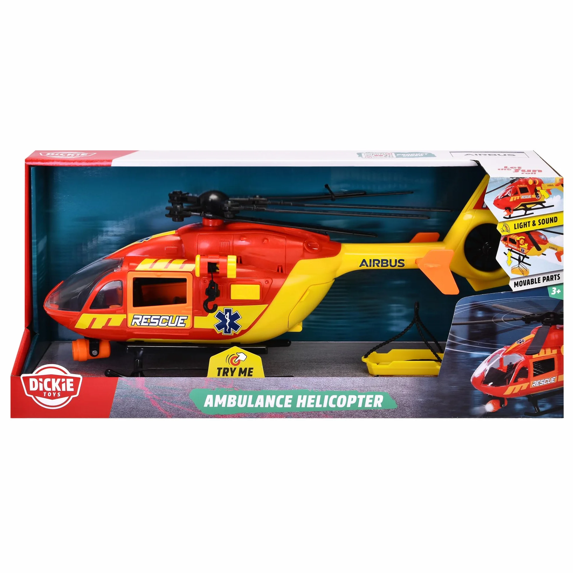 Dickie Toys - Helikopter ratowniczy Airbus H145 (36 cm) - Zabawkowy helikopter ze śmigiełką do wciągania i oświetleniem, dźwiękiem i akcesoriami – zabawka dla dzieci od 3 lat
