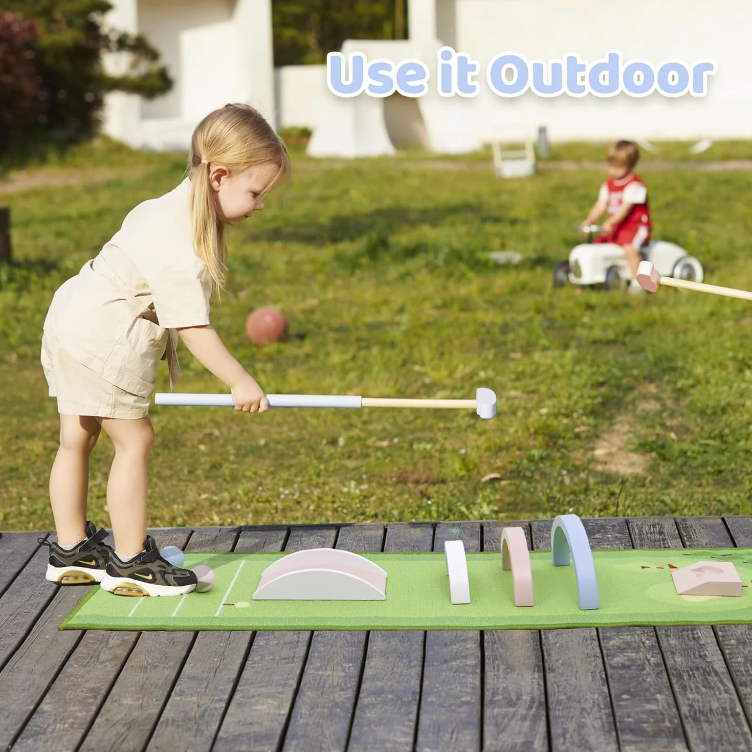 Asweets Mini zestaw golfowy z drewna dla dzieci w wieku 3-12 lat, makaronik do minigolfa, putter dla dzieci do gry w golfa, dla chłopców i dziewczynek na Boże Narodzenie, dożynki (z matą)