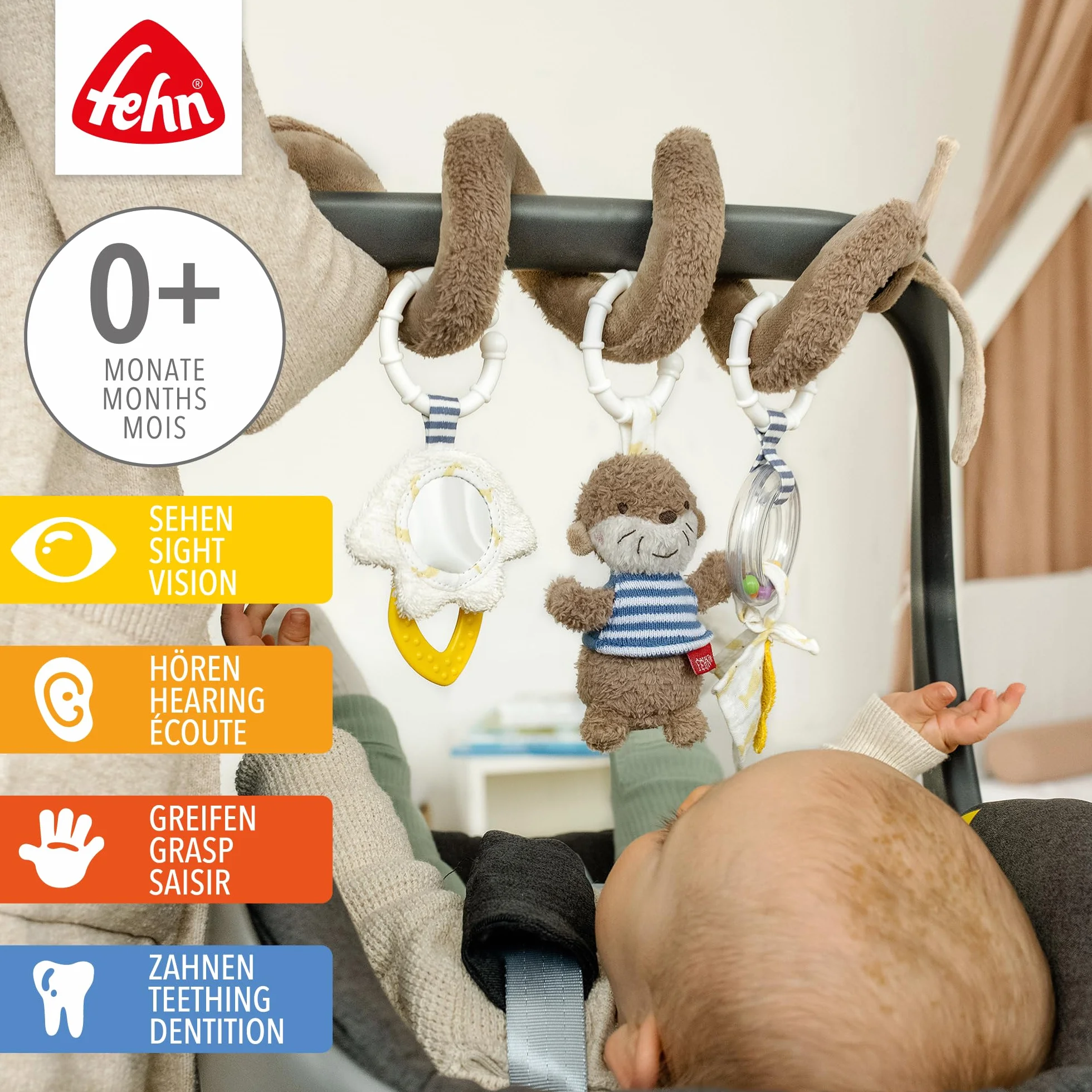 Fehn Spirala Activity Otter – spirala z materiału z funkcjami uczenia się do chwytania, odczuwania, zabawy – wspomaga chwytanie, zmysł dotyku i motorykę – do domu i w podróży, dla niemowląt od, Wydra