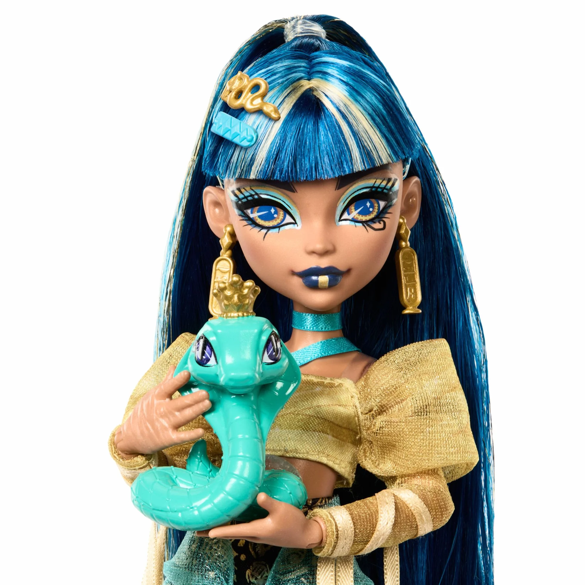 Monster High Cleo De Nile Lalka w złocistej bluzce i spódniczce z hieroglifami, kobra Hissette i akcesoria, takie jak plecak, „przekąska” i „papirus”, HXH74