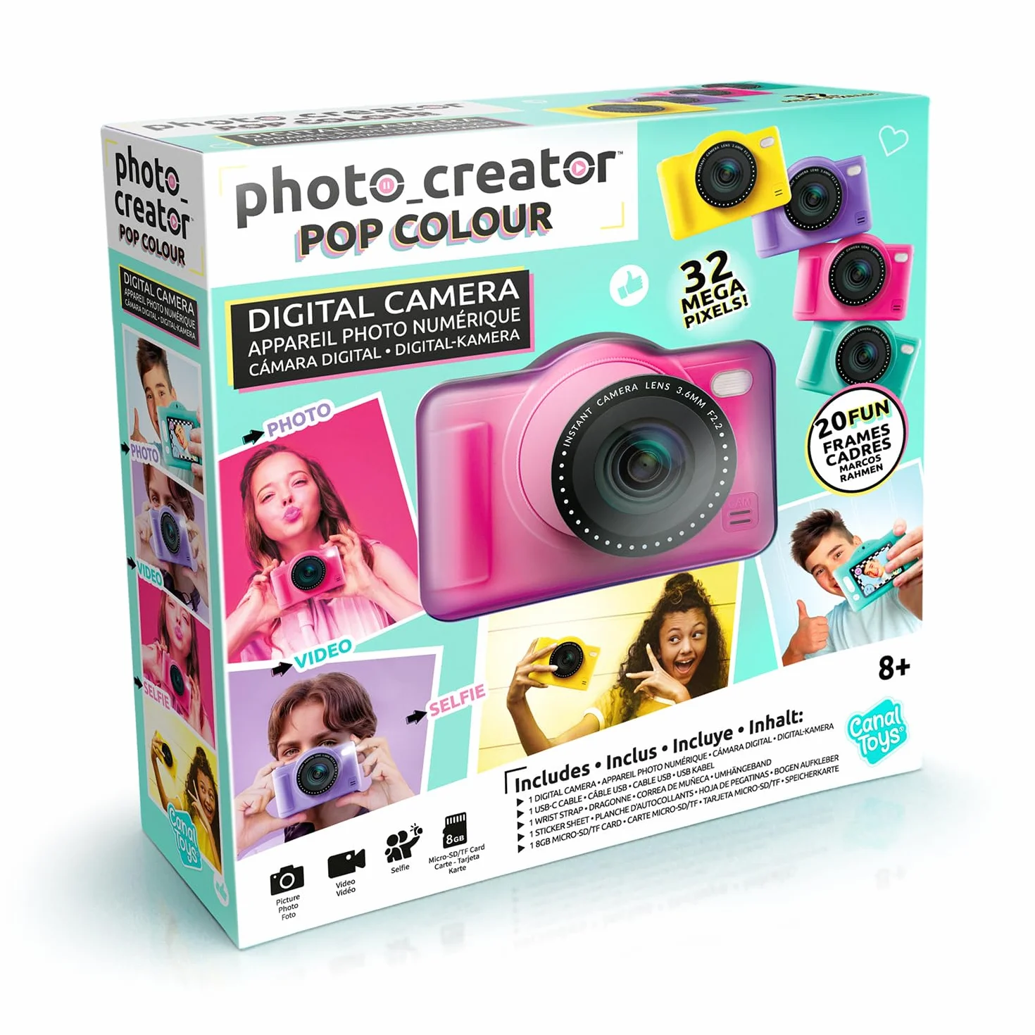 Canal Toys Aparat cyfrowy dla dzieci z dwoma obiektywami, mały różowy kompaktowy aparat z trybem selfie dla 8+ lat - 32 megapiksele, ekran LCD, 20 ramek i 5 filtrów, karta SD 4 GB w zestawie