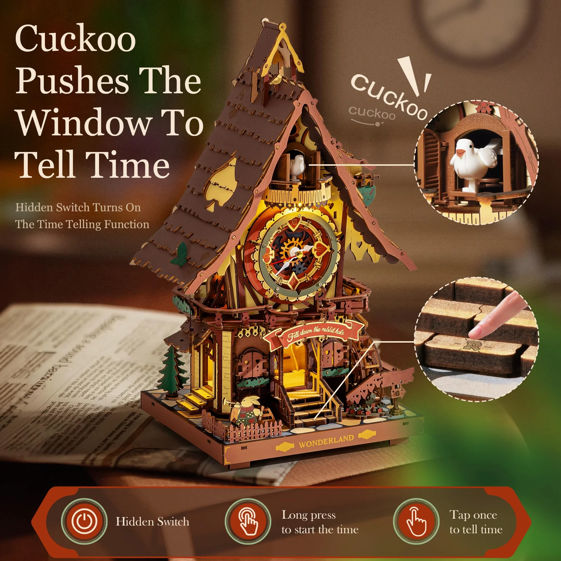 ROBOTIME Puzzle 3D Zegar z kukułką dla dorosłych, drewniane zestawy modeli puzzli do budowania, działający zegar z dźwiękiem kukułki, rękodzieło do dekoracji domu, prezent dla nastolatków i dorosłych