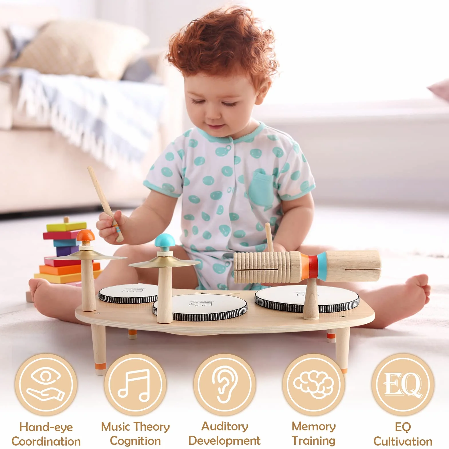 Vanplay Zabawka drewniana perkusja dla dzieci, bęben 8 w 1, instrumenty muzyczne, zabawka dla dzieci od 3, 4, 5 lat, dla chłopców i dziewczynek, zabawka Montessori