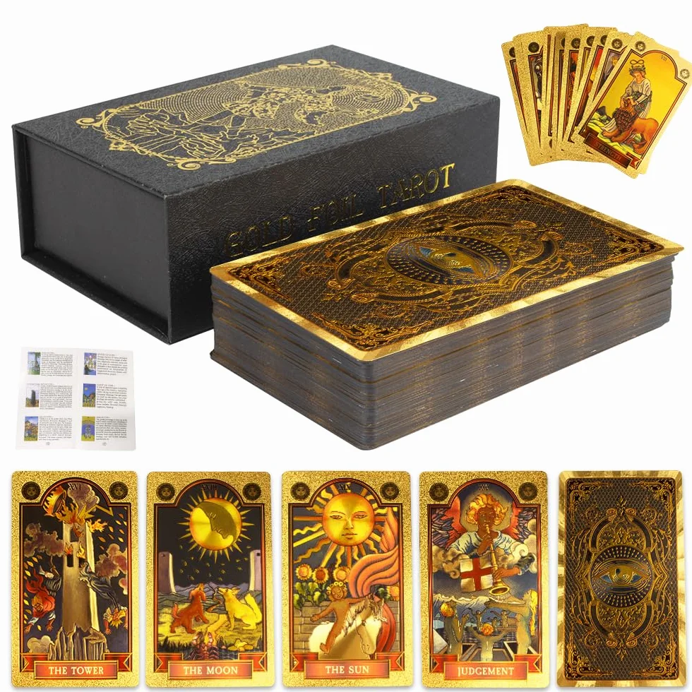 Zestaw tarota, 78+2 karty tarota, złote oko Marsylia Tarot z przewodnikiem, wróżbiarstwo tarota, karty tarota PCV, wodoodporne i bez fałd, zestaw tarota dla początkujących (złoty)