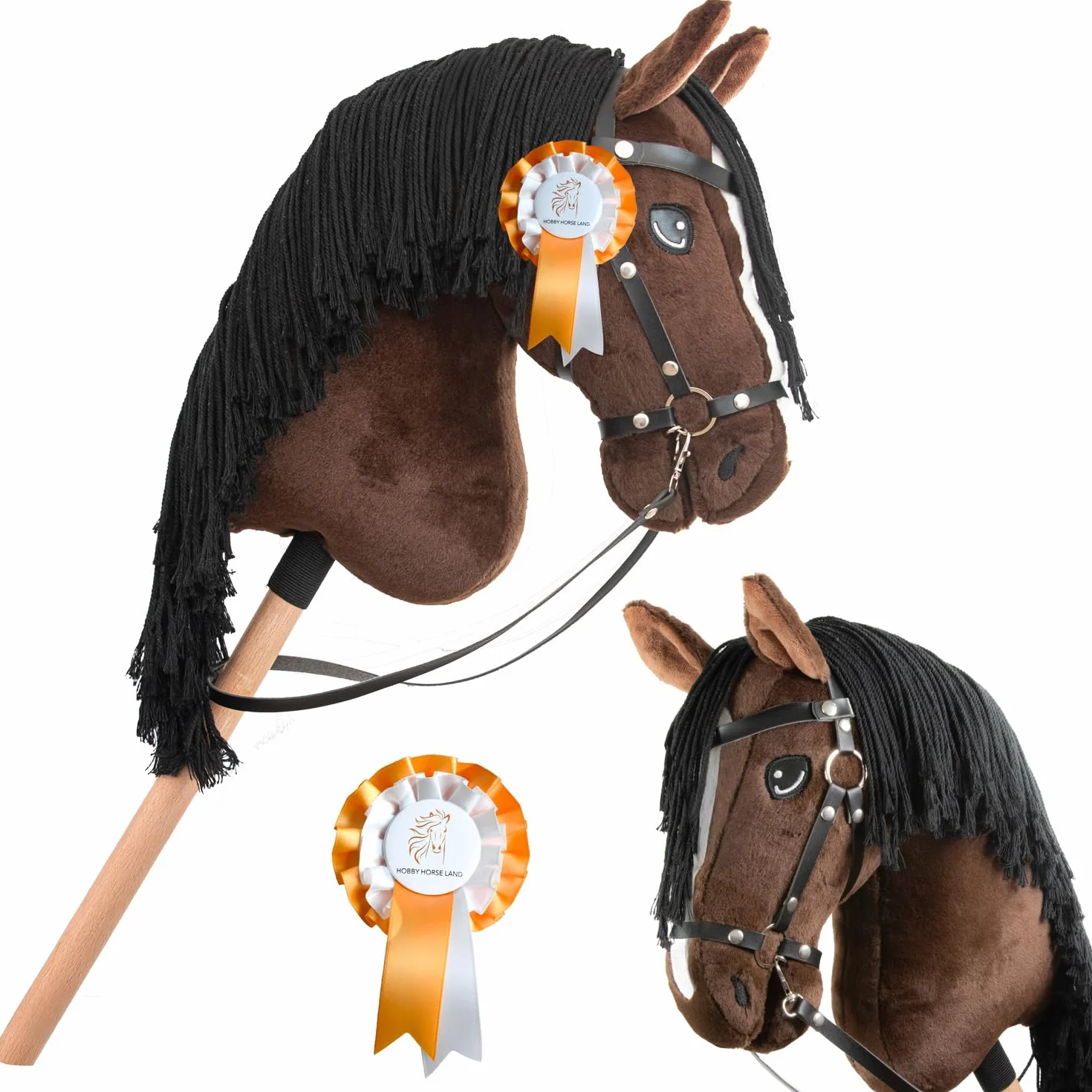 Hobby Horse Bai Brązowe Czarne Włosy. Kompletny kij koń z siatką, mors, sterem i floką. kij do hobby koni dla dzieci i młodzieży