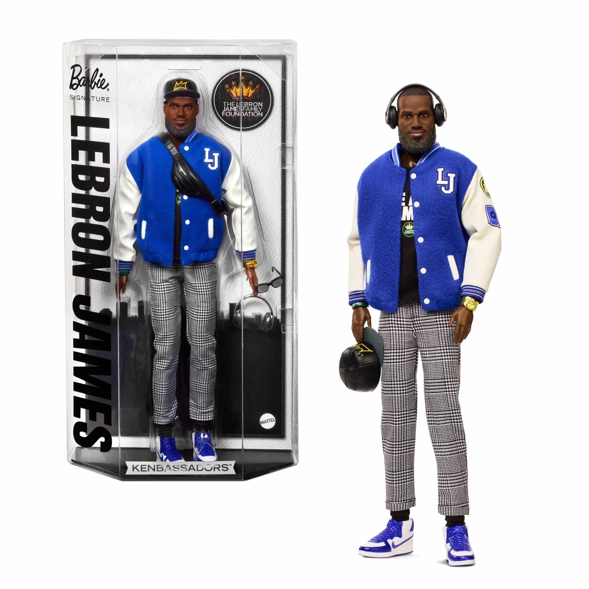 Barbie Signature Kenbassadors LeBron James Lalka kolekcjonerska, sportowa kurtka bomberka i akcesoria, w tym słuchawki i okulary przeciwsłoneczne, zabawka 6+, HRM33