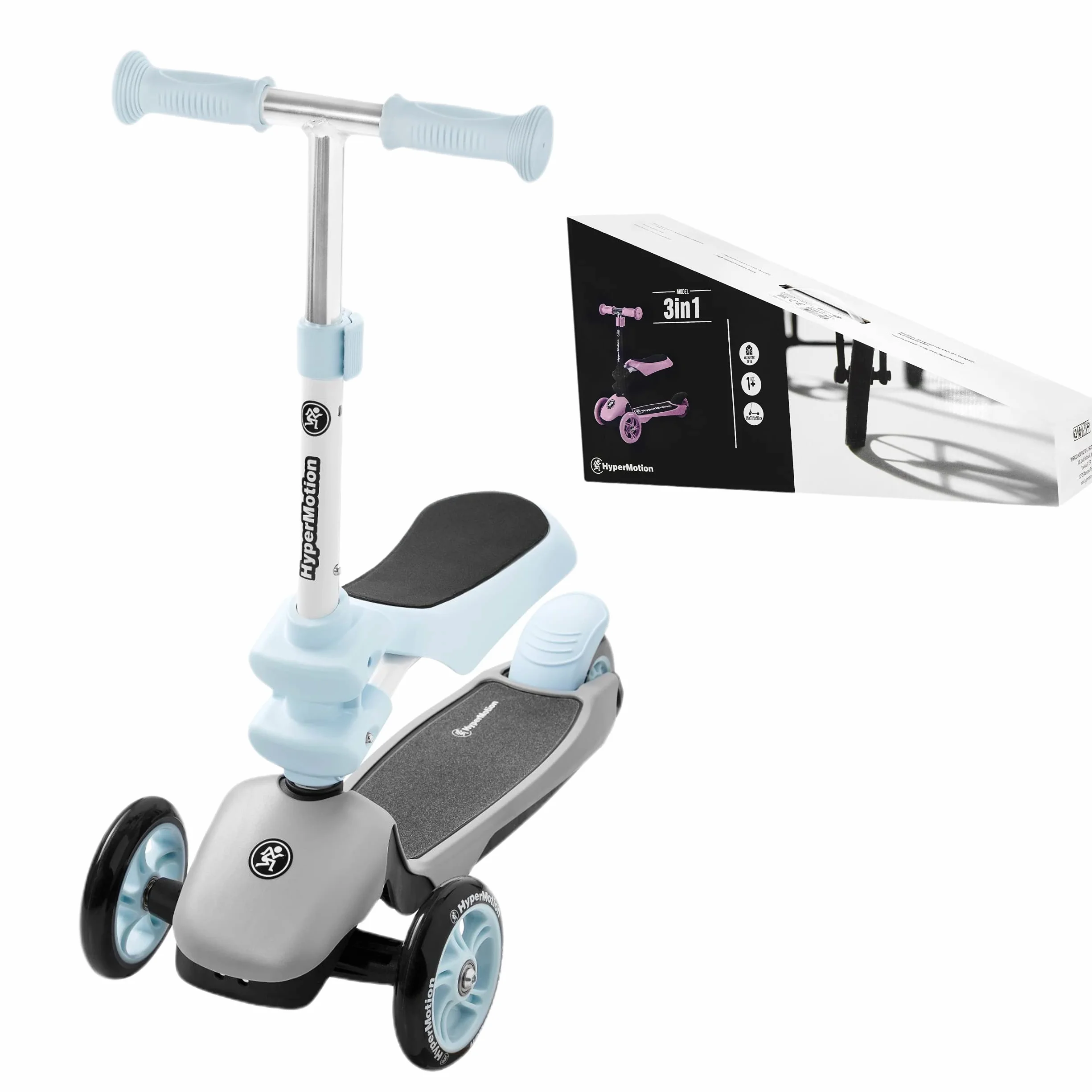 HyperMotion, Hulajnoga dla Dzieci, Balansowa Hulajnoga dla Najmłodszych, 3 w 1, Obciążenie do 20 Kg, Funkcja Jeździka, Regulowana Wysokość Kierownicy, Niebieska