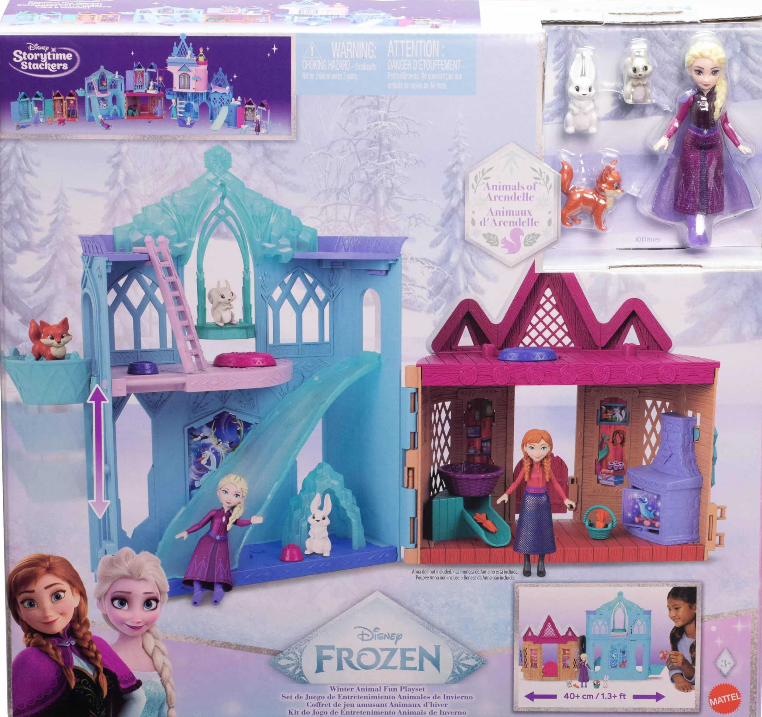 Mattel Disney Frozen Kraina Lodu Zimowy domek zwierzątek Zestaw domek dla lalek: 10 obszarów zabawy, 3 figurki zwierzątek, mała lalka Elsa, 8 akcesoriów, zabawka Storytime Stackers, JFG28