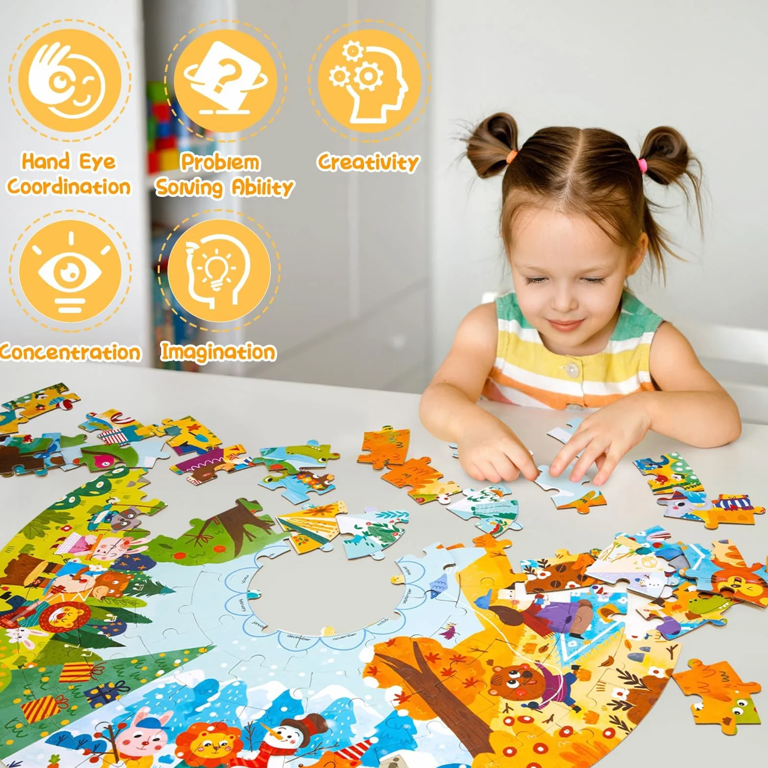 Puzzle Podłogowe, 88 Kawałek Puzzle Cztery Pory Roku Leśne Zwierzęta, Puzzle dla Dzieci w Wieku od 3-letnim i Wyższym Kartonowe, Puzzle Podlogowe Prezenty Urodzinowe dla Dzieci