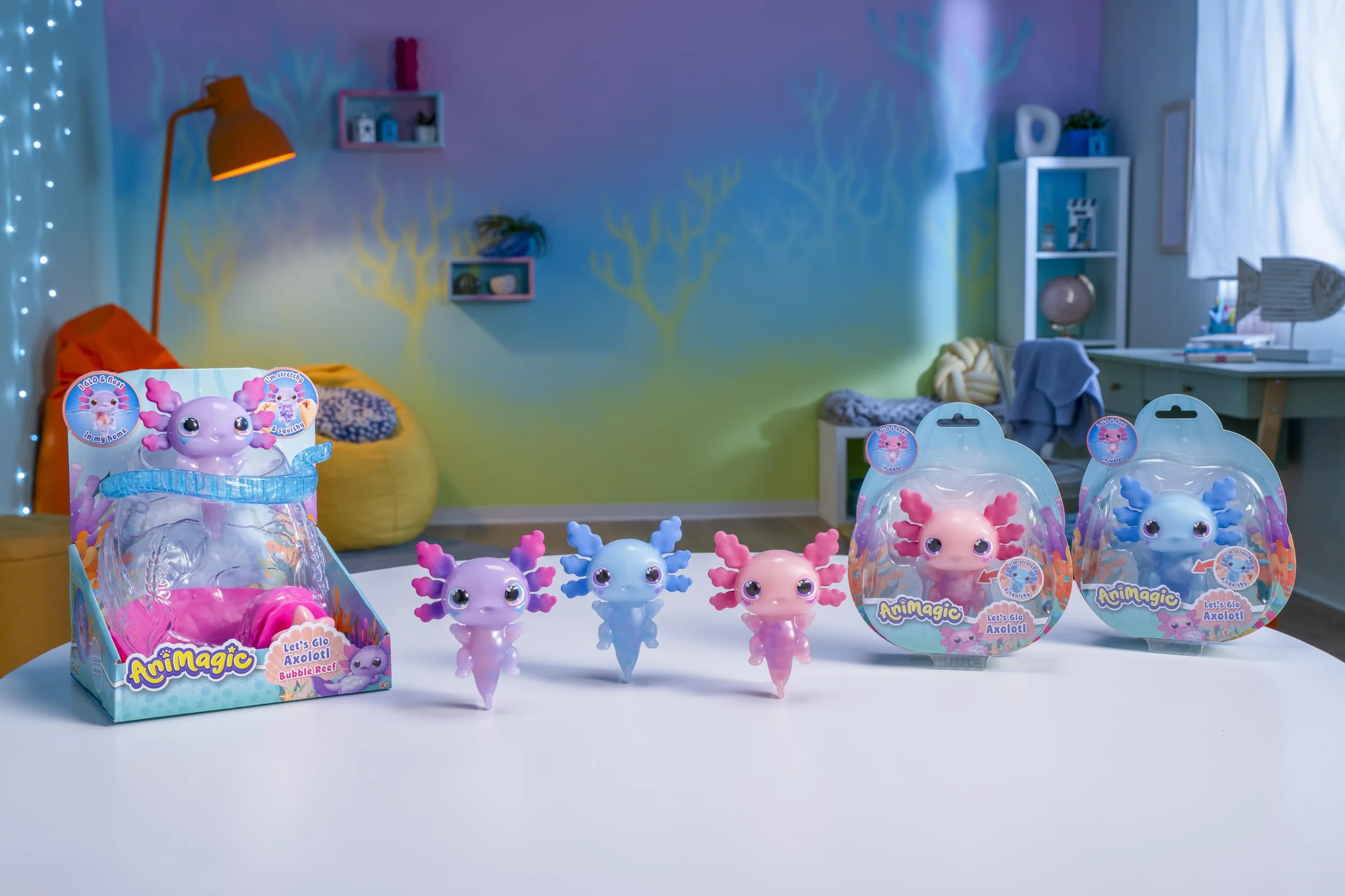Animagic Let's Glo Axolotl Bubble Reef Przenośne akwarium z magicznymi bąbelkami interaktywne elektroniczne zwierzęta dla dzieci od 4 lat