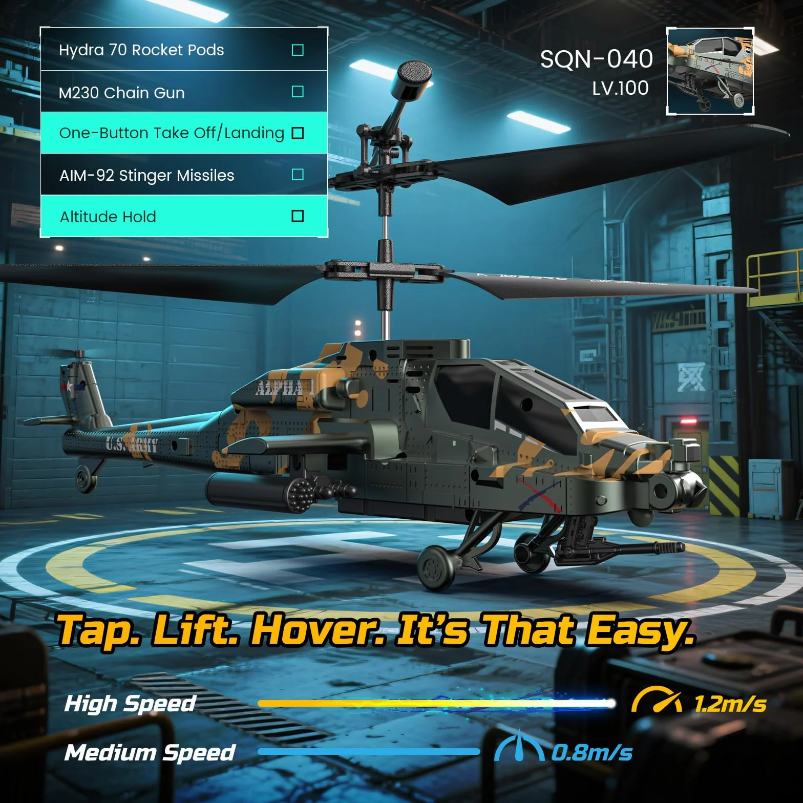 DEERC Apache Helikopter RC 2,4 GHz Wojskowy 2 Baterie 26 Minut LED
