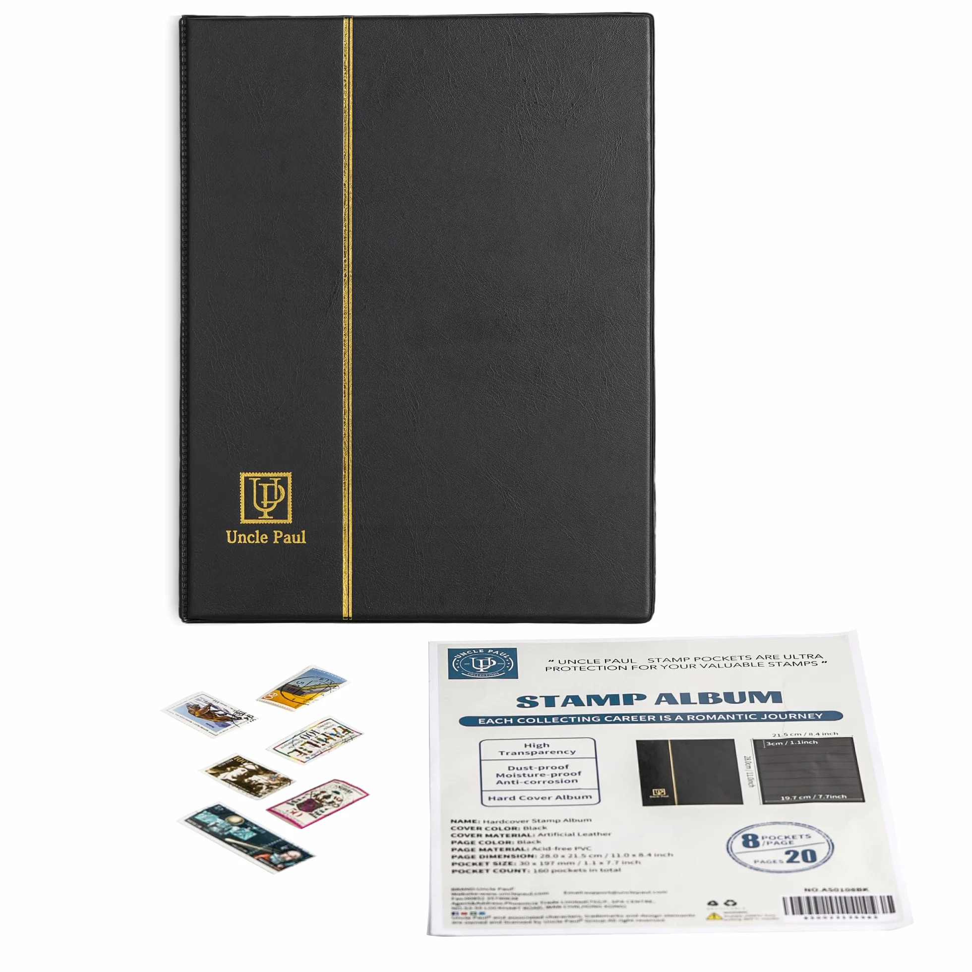 Uncle Paul Album na znaczki, 160 kieszeni, 20 czarnych boków, skórzana wyściełana czarna okładka, segregator do przechowywania papierowych znaczków pieniędzy AS0108BK