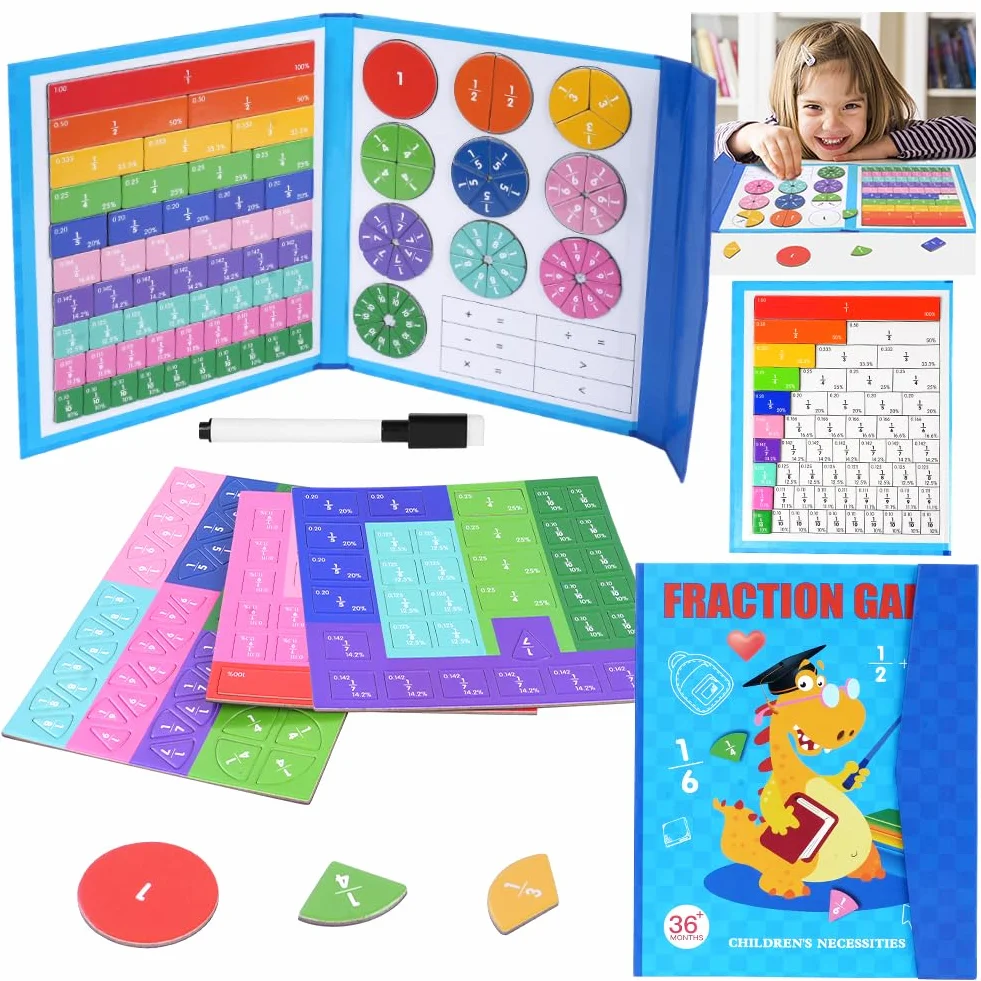 OFFCUP Magnetyczne płytki ułamkowe Montessori, zabawka edukacyjna matematyczna, zestaw manipulatorów (dinozaur)