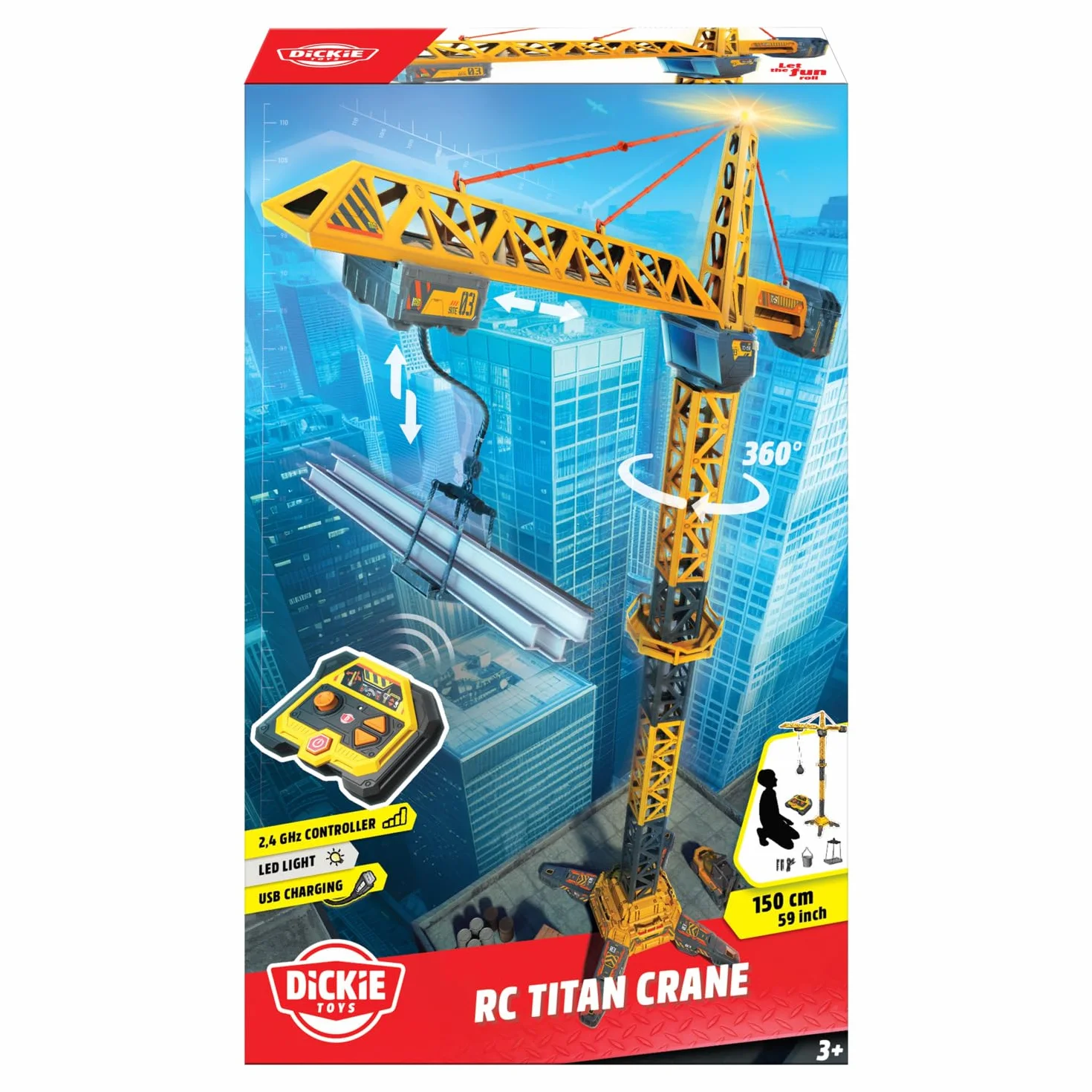 Dickie Toys 203729023 Dźwig Zdalnie sterowany radiowo 2,4GHz;obrót 360°;światło; akcesoria: wiaderko, taca, otwierana kula. Wysokość: 150 cm.
