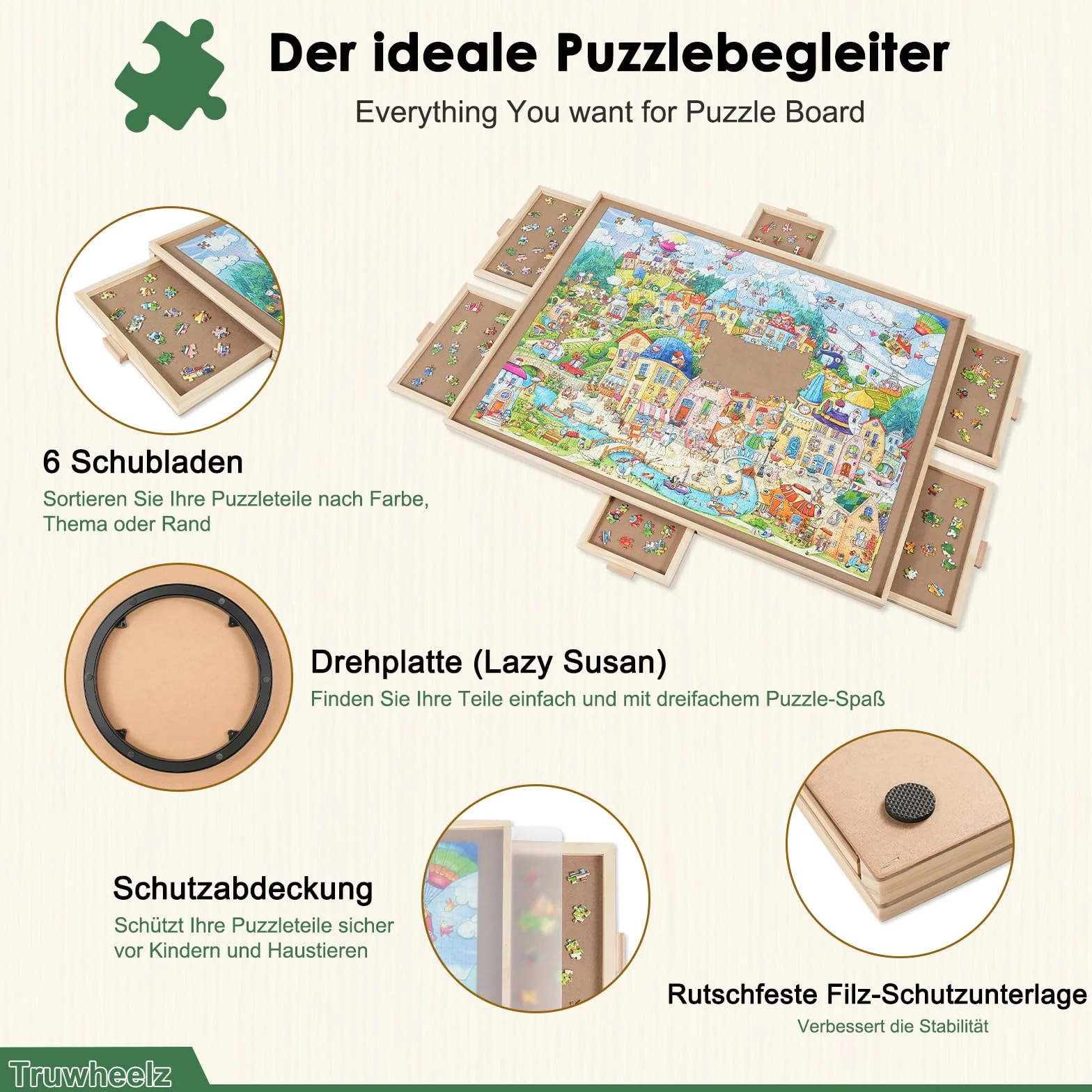 1500-elementowa obrotowa układanka z 6 szufladami i pokrywą, przenośny drewniany stół do układanek,64x 87cm dla dorosłych, obrotowa układanka Lazy Susan, prezent świąteczny dla mamy