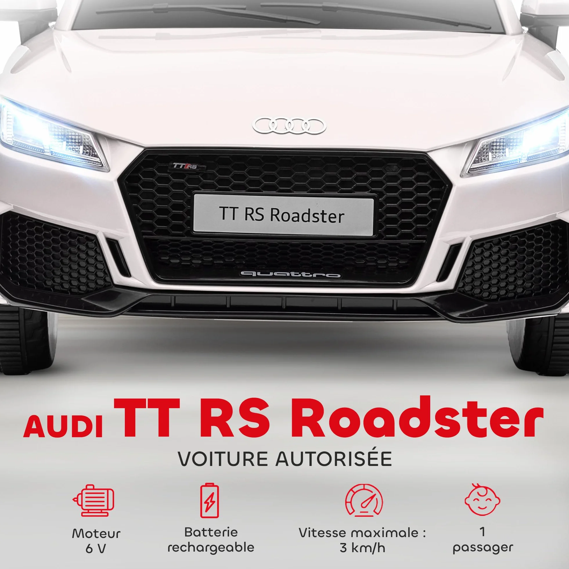 HOMCOM Elektryczny samochód dziecięcy Audi TT RS 12 V 30 W V. Maks. 3 km/h pilot zdalnego sterowania 2,4G Efekty dźwiękowe + światło białe