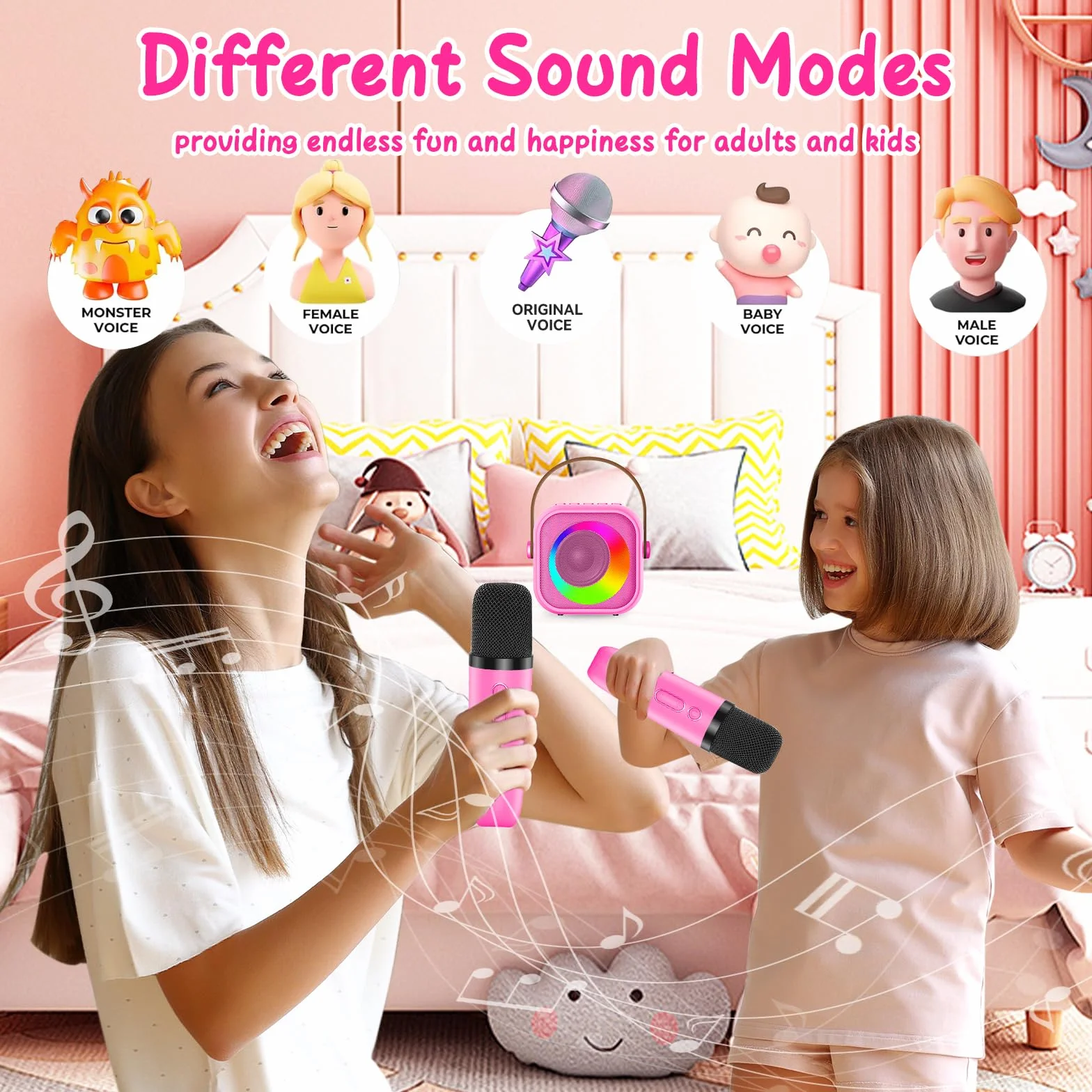 Maszyna do karaoke dla dzieci z 2 mikrofonami, mini mikrofon bezprzewodowy do karaoke, przenośny głośnik Bluetooth ze światłami LED, prezent dla dziewcząt i chłopców