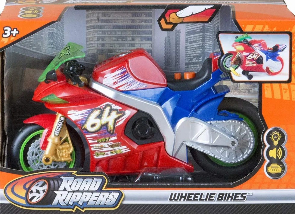Nikko 20031 Road Rippers Wheelie motocykl wyścigowy porusza się po naciśnięciu przycisku, przednie koło unosi się, świecące koła, efekty świetlne i dźwiękowe, łącznie z bateriami, dla dzieci od 3 lat,