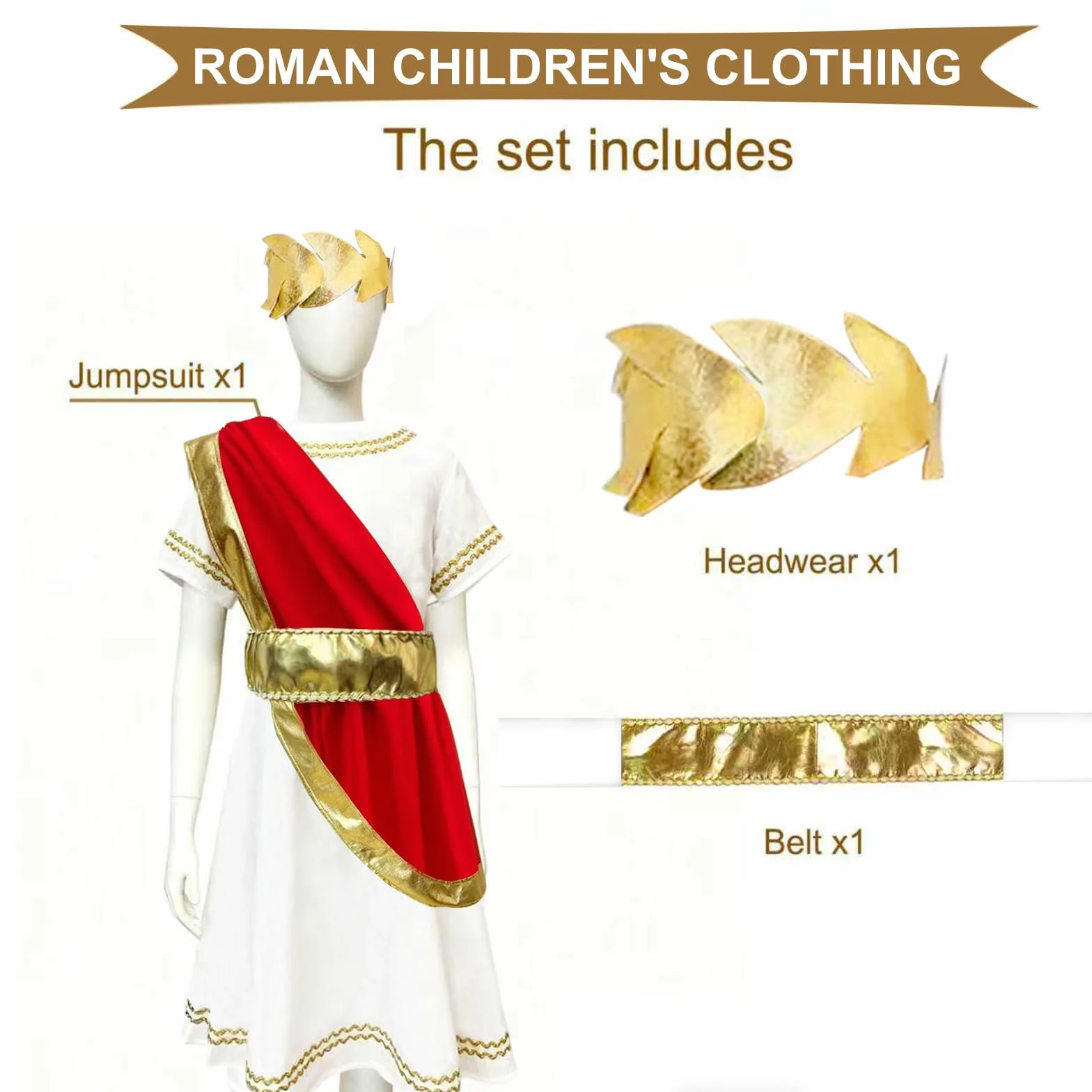 AOOWU Roman sukienka, 3 szt. Roman Toga kostium dla dzieci, rzymski kostium na cosplay, stroje na imprezę toga, Halloween, karnawał (S-L)