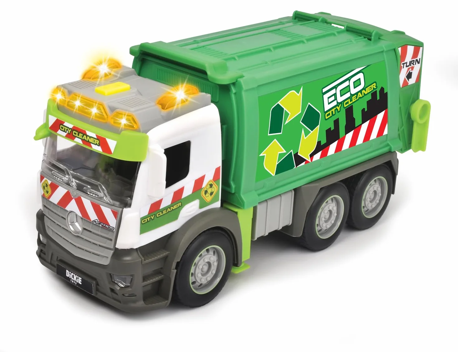 Dickie Toys 203745014 CITY Śmieciarka Mercedes z ruchomym koszem z dźwiękiem i światłem ostrzegawczym, funkcja załadunku i rozładunku, auto zabawkowe dla dzieci od 3 lat, 26 cm
