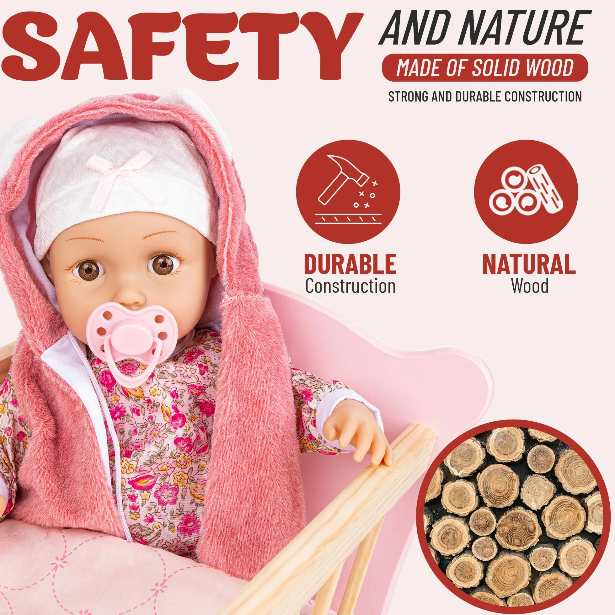 Kinderplay Łóżeczko dla Lalki, Kołyska dla lalki – Zestaw Kołyska plus Kołderka, Poduszeczka oraz Prześcieradło, dla laki o max. długości 49.5 cm., model GS2101