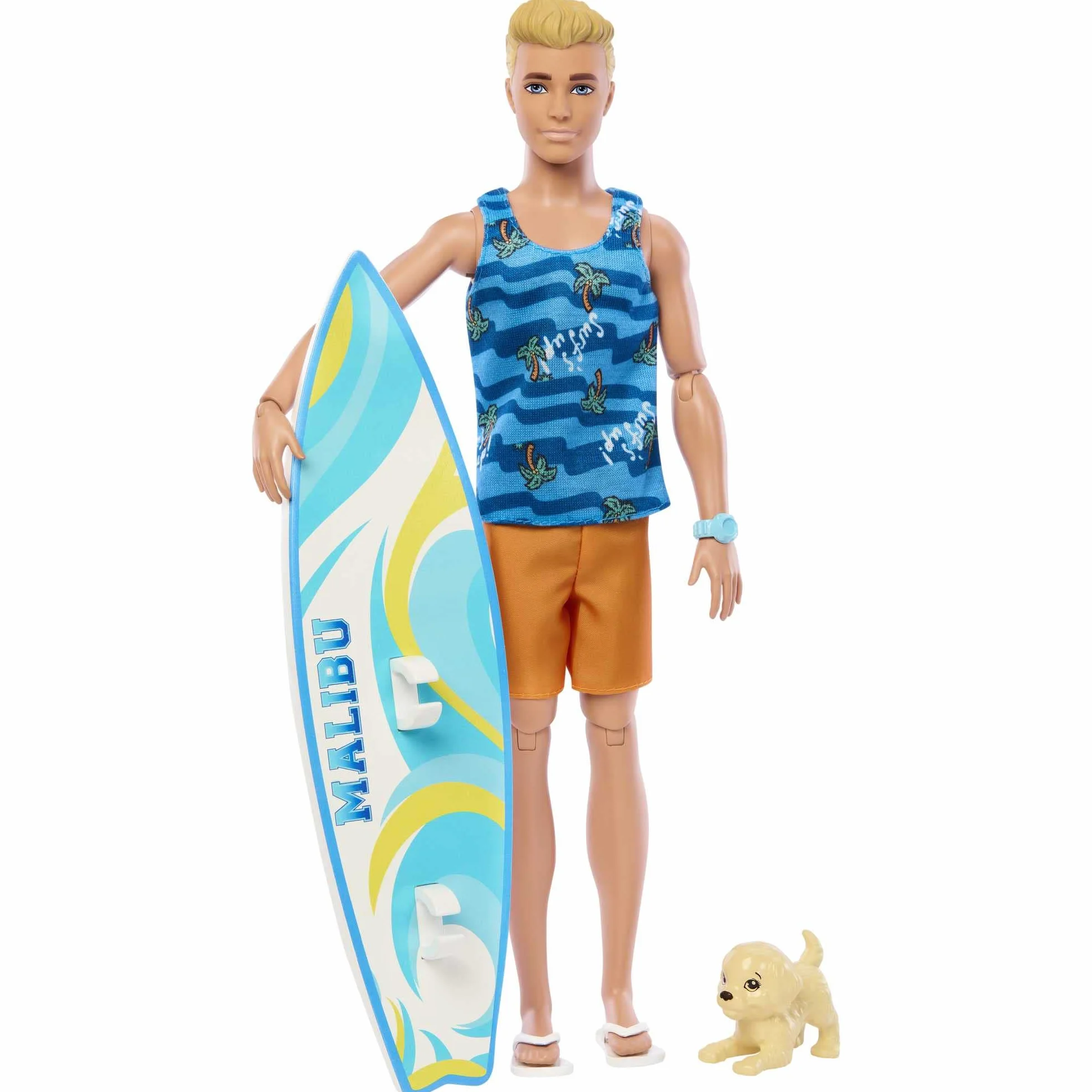 Barbie Ken Surfer Lalka plażowa (blondyn) z deską surfingową i pieskiem + akcesoria tematyczne, takie jak ręcznik HPT50