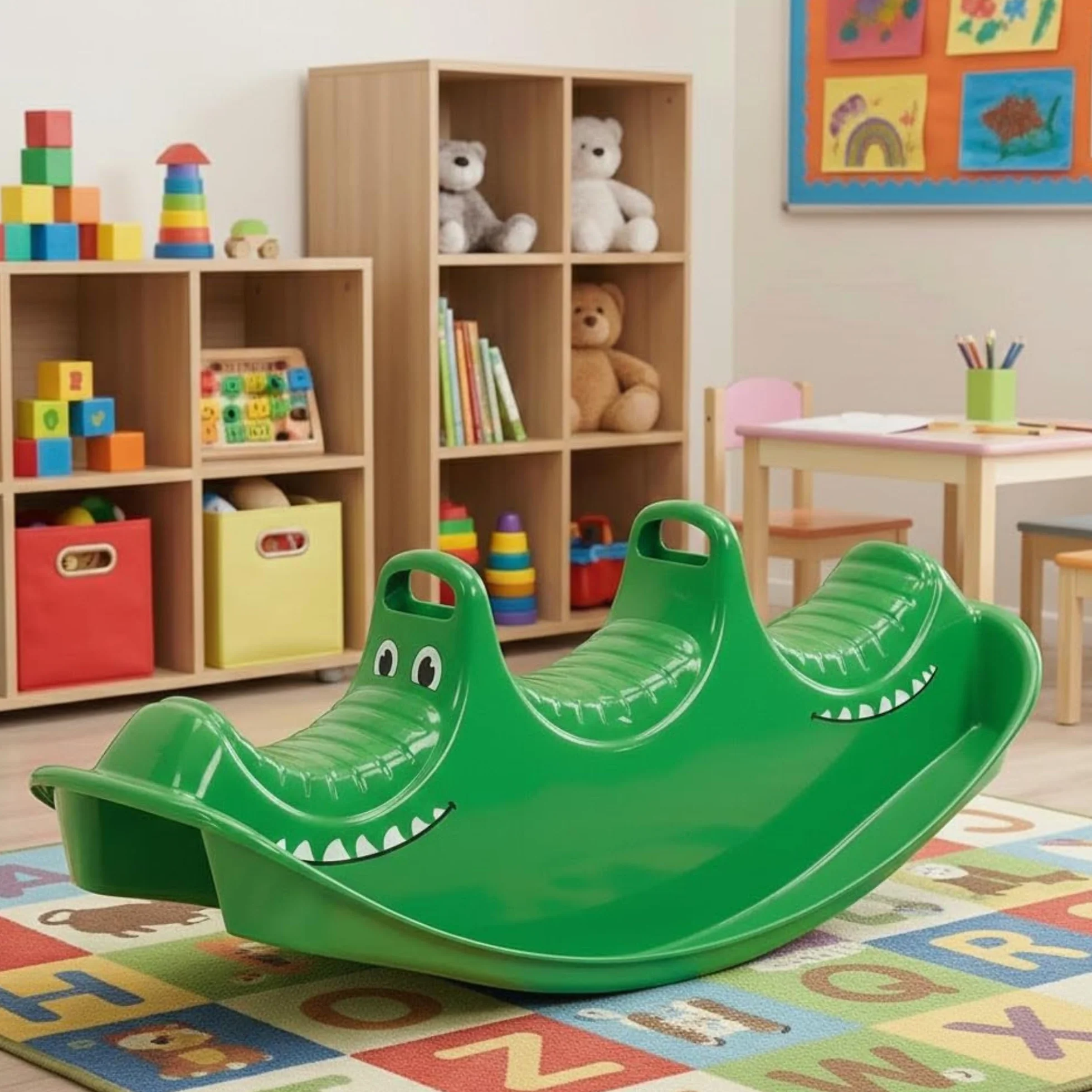 Dantoy 3 Persons Rocker and Seesaw, Durable Plastic with 3 Seats and Made in Denmark – Green Crocodile
