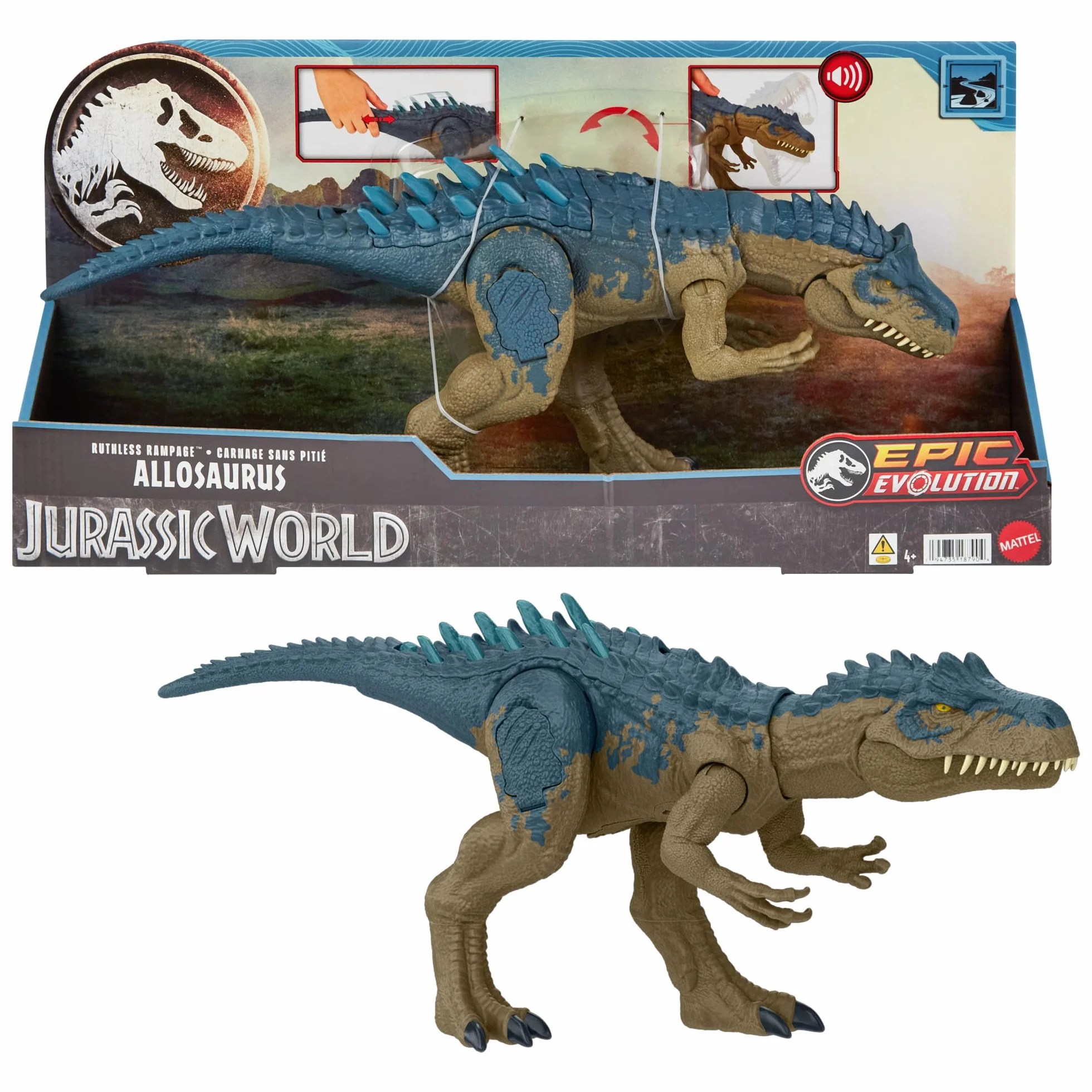 Mattel Jurassic World Straszny Atak Allozaur Figurka dinozaura z atakiem paszczą, rykiem i kolcami aktywowanymi przyciskiem HRX51