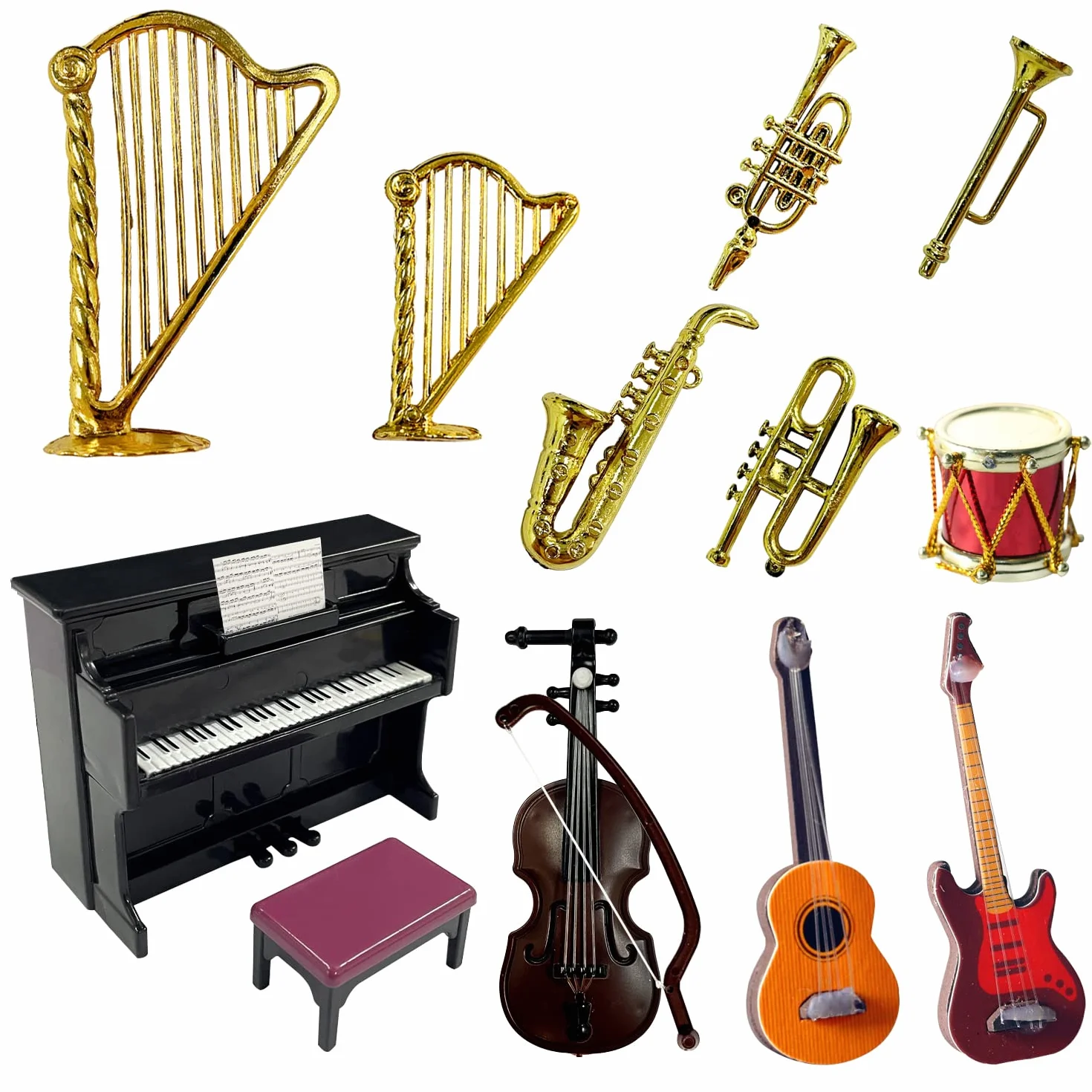 13 uroczych i ciekawych zestawów mini instrumentów muzycznych, modele z tworzywa sztucznego, np. gitary, fortepian, perkusja