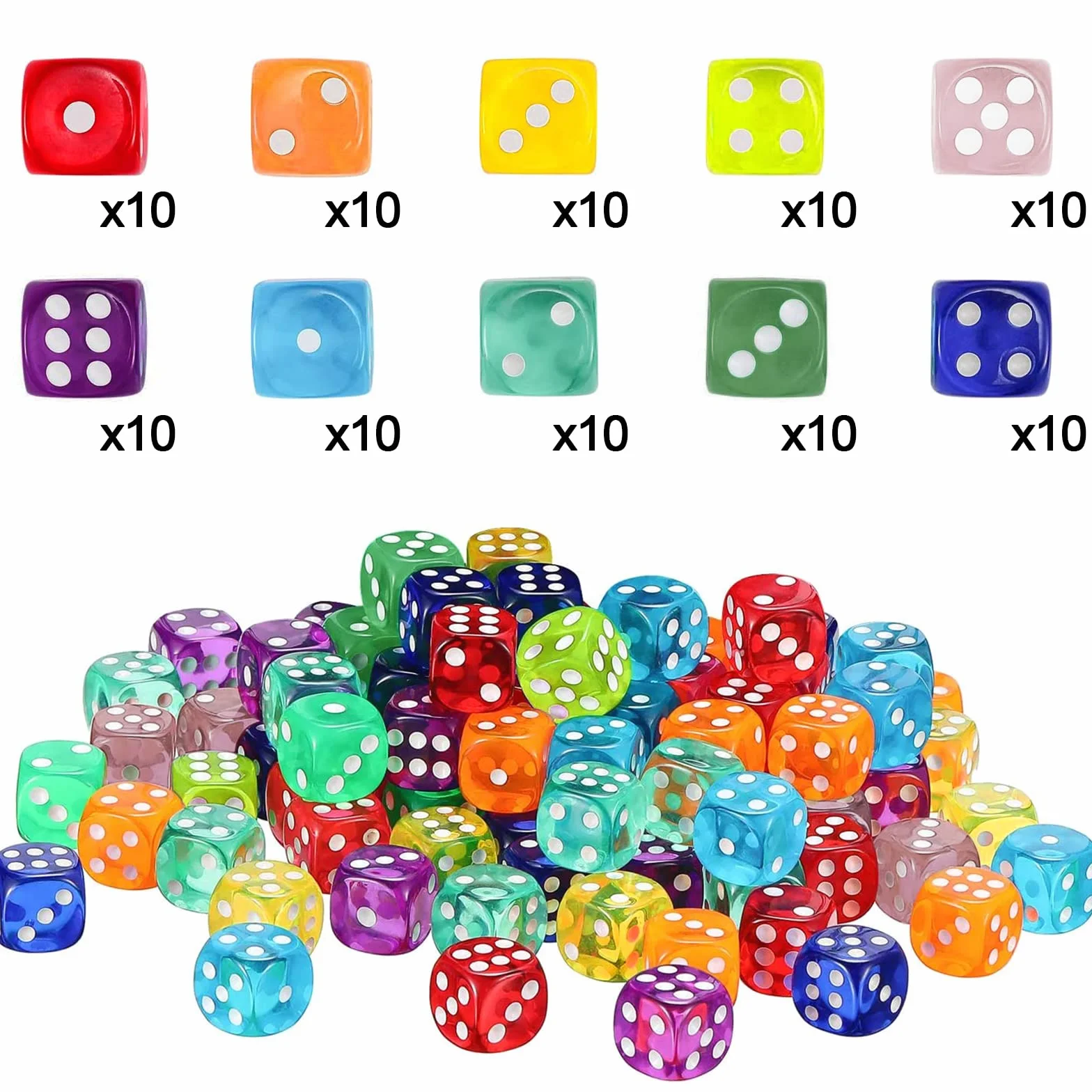 100 sztuk sześciostronnych kostek, D6 Dice, 10 kolorów, 14 mm, akrylowe, okrągłe kostki narożne, zestaw do tenisa, farkle, Yahtzee, Bunco lub matematyki edukacyjnej