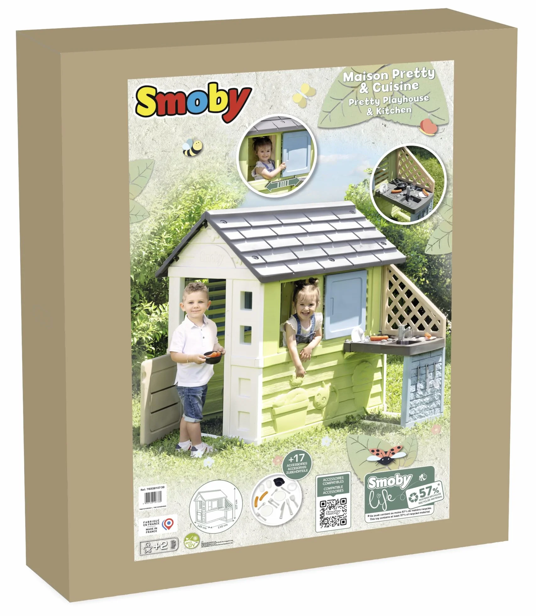 Smoby Life - Ładny domek + Letnia kuchnia - Płyta grillowa i zlew - Liczne akcesoria - Materiał z recyklingu - Od 2 lat - Wyprodukowano we Francji