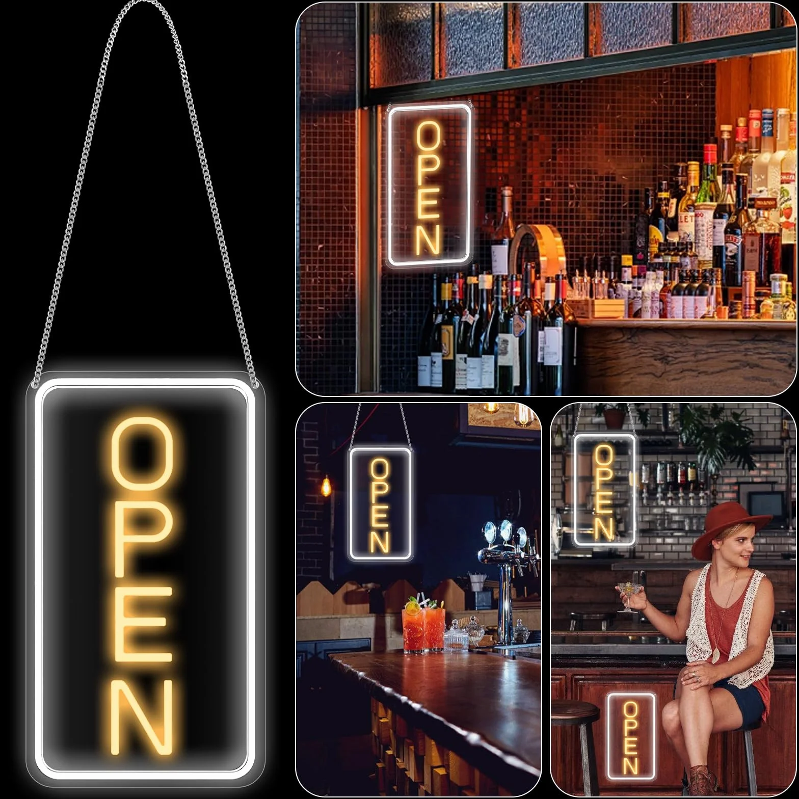 Open Neonowy szyld LED z adapterem wł./wył. 12 V, regulowana jasność, otwarta tabliczka do sklepu, baru, salonu, sklepu i kawiarni, żółto-biała, szyld reklamowy LED, neonowy znak, 18 x 38 cm, pionowa