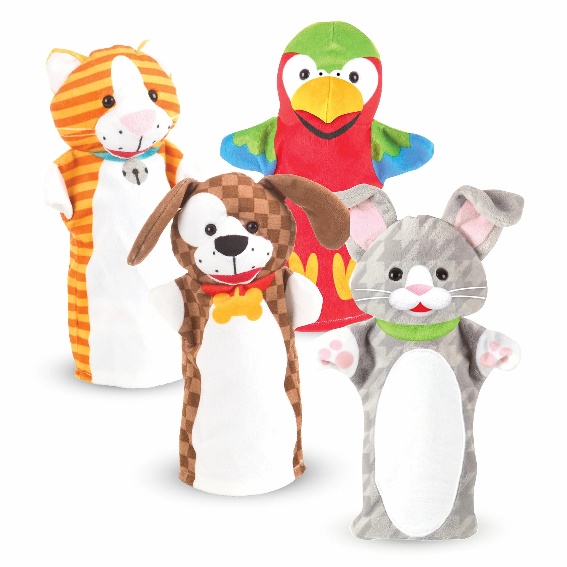 Melissa & Doug – pacynki zwierzęta domowe (zestawy pacynek: królik, papuga, kotek i piesek, miękki pluszowy materiał, zestaw 4-elementowy