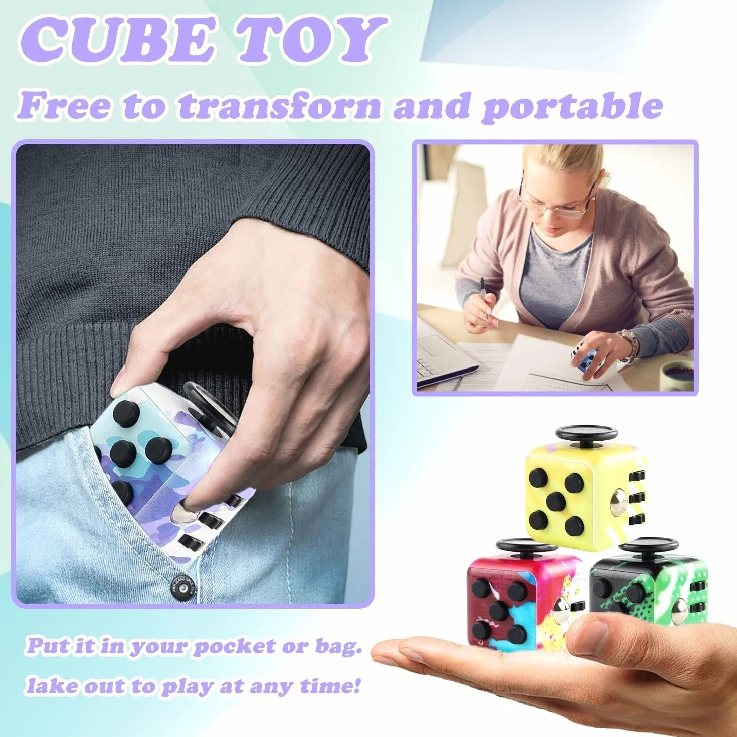 4Pcs Cube Toy Fidget Toy, Zabawka antystresowa przeciwlękowa, 6 funkcjonalnych zabawek antystresowych dla dorosłych i dzieci