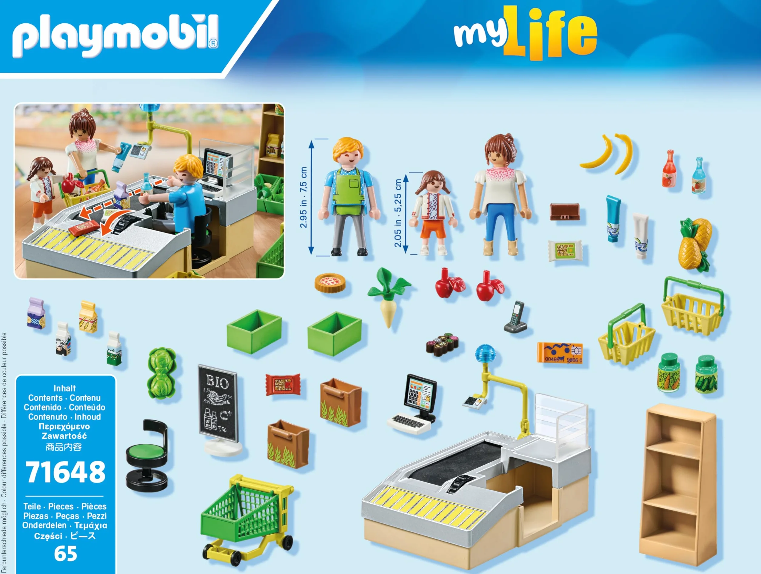 PLAYMOBIL MyLife Promo Pack 71648 Ekologiczny supermarket, zestaw z serii Promo Packs, w zestawie kasa sklepowa z taśmą, wózek na zakupy oraz trzy figurki, zestaw odpowiedni dla dzieci od 4 roku życia