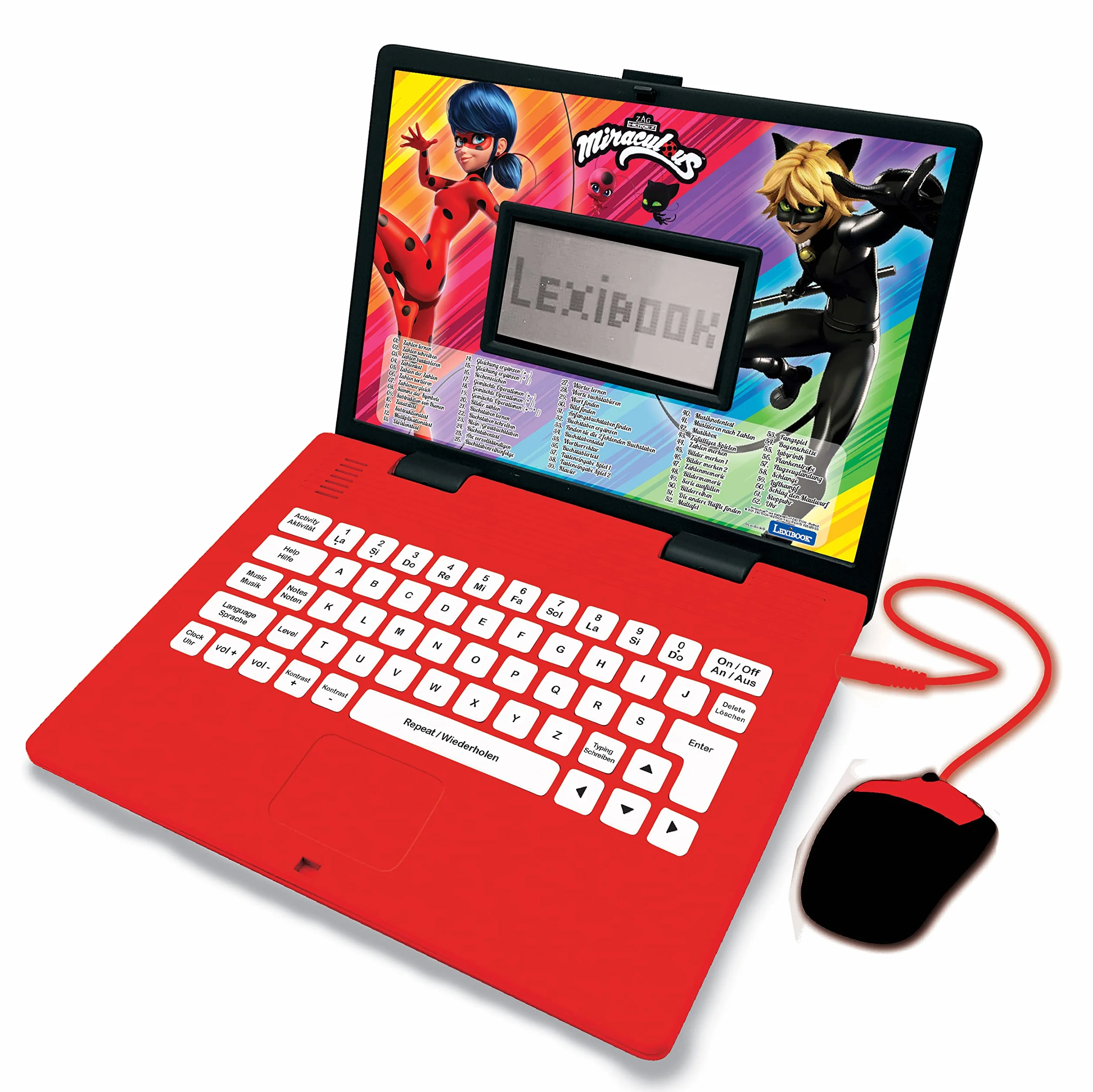 LEXIBOOK, Cudowna biedronka kot noir, edukacyjny i dwujęzyczny laptop niemiecki/angielski, zabawka dla dziecka (chłopcy i dziewczęta), 124 aktywności do nauki, grania w gry i muzykę, czerwony/czarny