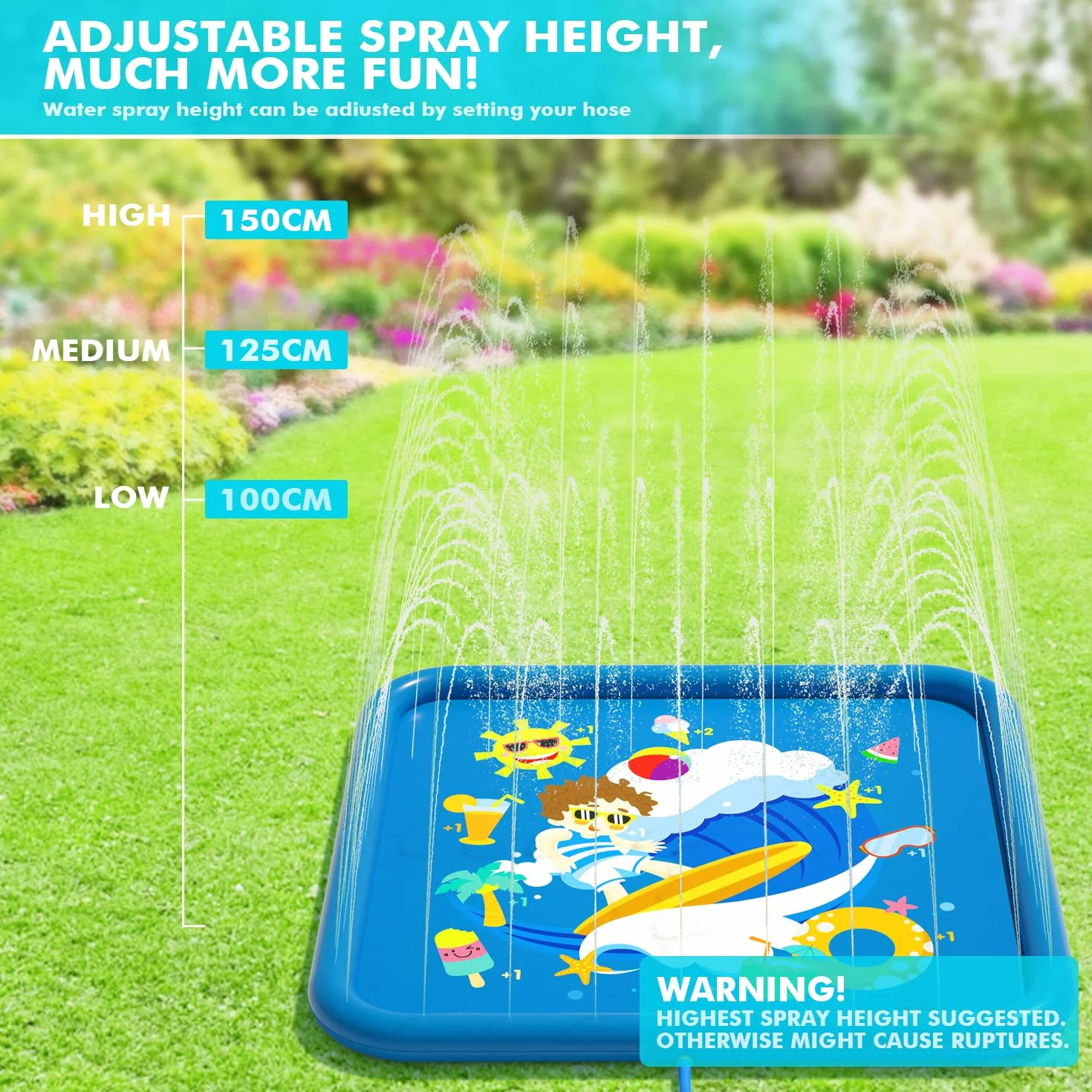 Peradix Splash Pad, 170 cm, mata do zabawy wodna, antypoślizgowa, mata do zabawy, na lato, do ogrodu, na zewnątrz, do ogrodu, na imprezę dla dzieci